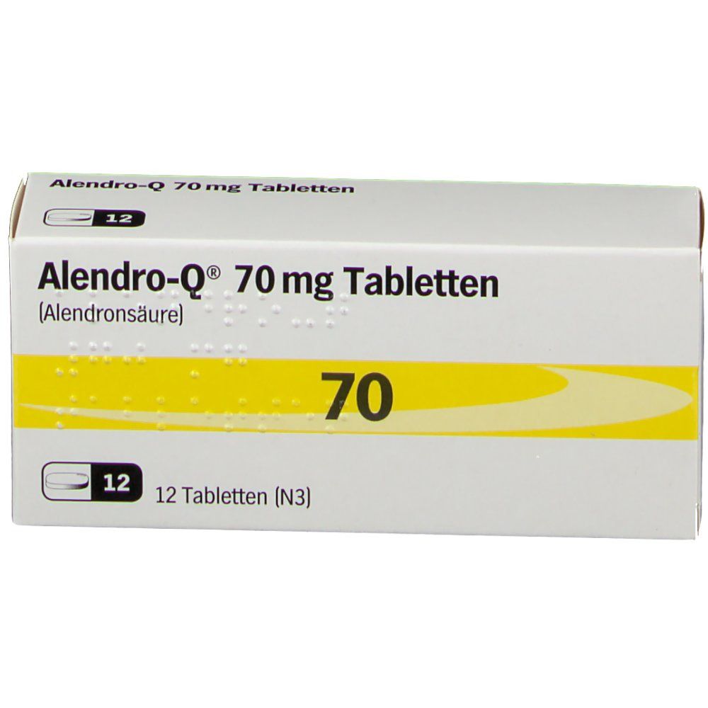 Schachtel mit Tabletten. Aufschrift: Alendro-Q 70 mg Tabletten. Gelber Streifen mit der Zahl 70. Packungsinhalt: 12 Tabletten.