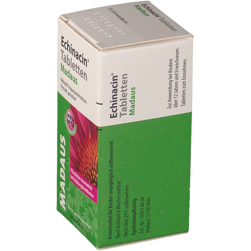 Karton mit Echinacin Tabletten. Grün-weiße Verpackung mit Produktnamen und Hersteller. Aufdruck: Pflanzliches Arzneimittel.