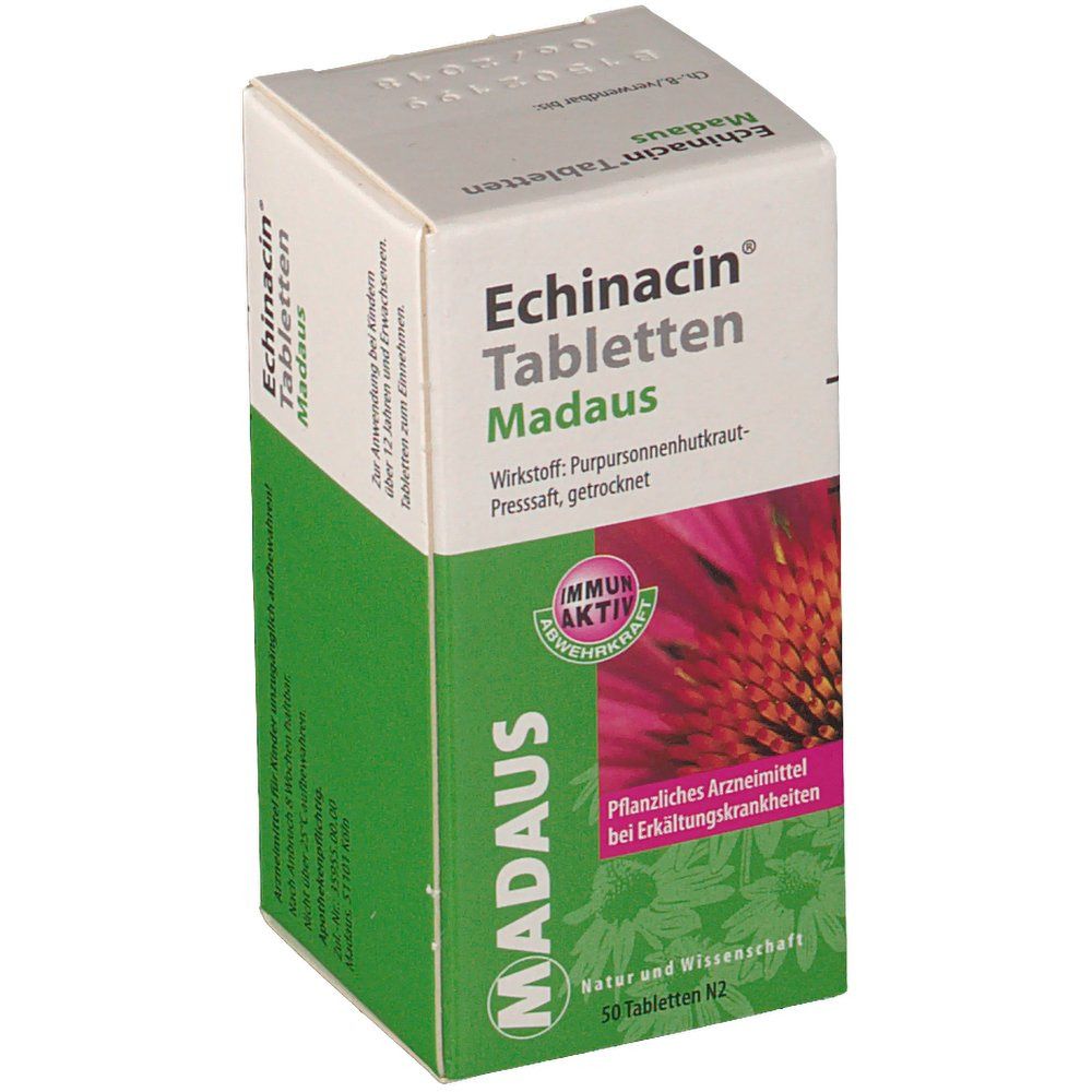 Karton mit Echinacin Tabletten. Grün-weiße Verpackung mit Produktnamen und Hersteller. Aufdruck: Pflanzliches Arzneimittel.