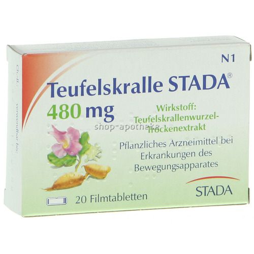 Schachtel mit "Teufelskralle STADA® 480 mg". Grün-weiß, mit Illustrationen und Text. Enthält 20 Filmtabletten.