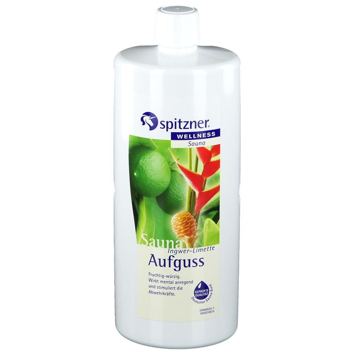 Weiße Flasche mit Etikett. Auf dem Etikett: Limetten, Ingwer, Saunaaufguss. Marke: Spitzner Wellness Sauna.