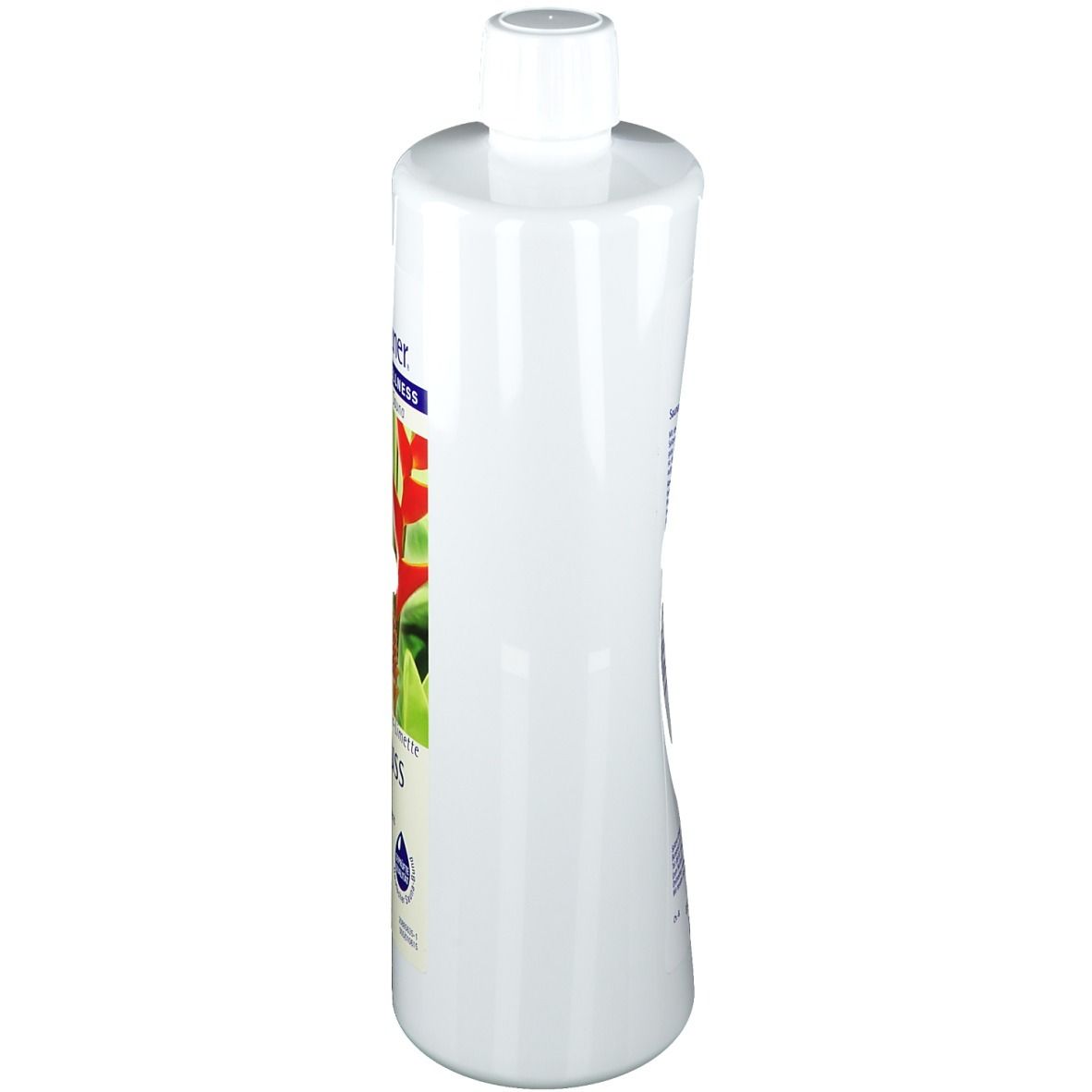 Weiße Flasche, Seitenansicht. Etikett teilweise sichtbar. Marke: Spitzner Wellness Sauna.