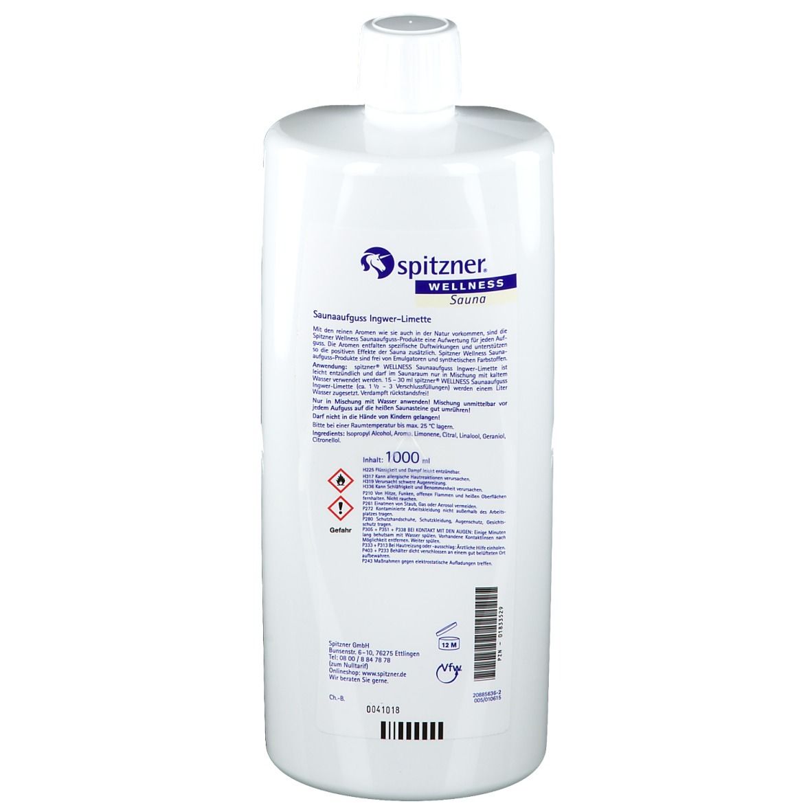 Weiße Flasche, Rückseite. Text und Warnhinweise. Marke: Spitzner Wellness Sauna.