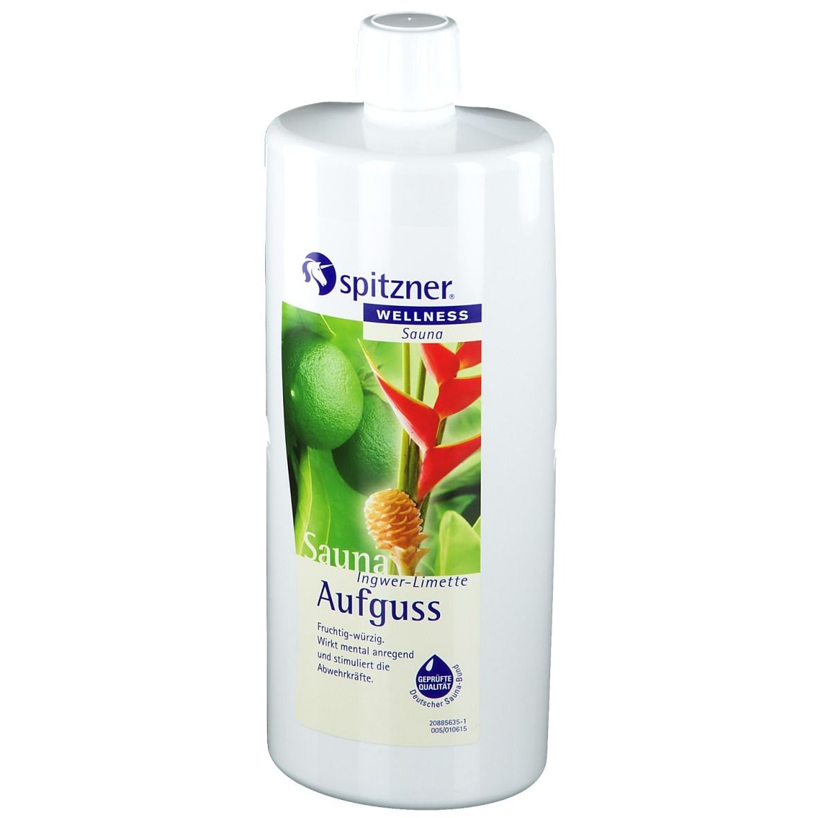 Weiße Flasche mit Etikett. Auf dem Etikett: Limetten, Ingwer, Saunaaufguss. Marke: Spitzner Wellness Sauna.