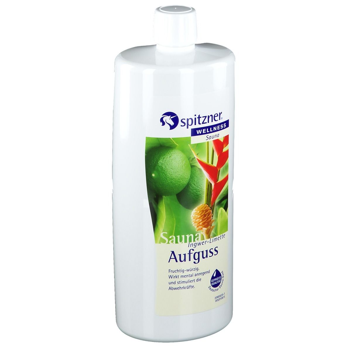 Weiße Flasche mit Etikett. Auf dem Etikett: Limetten, Ingwer, Saunaaufguss. Marke: Spitzner Wellness Sauna.