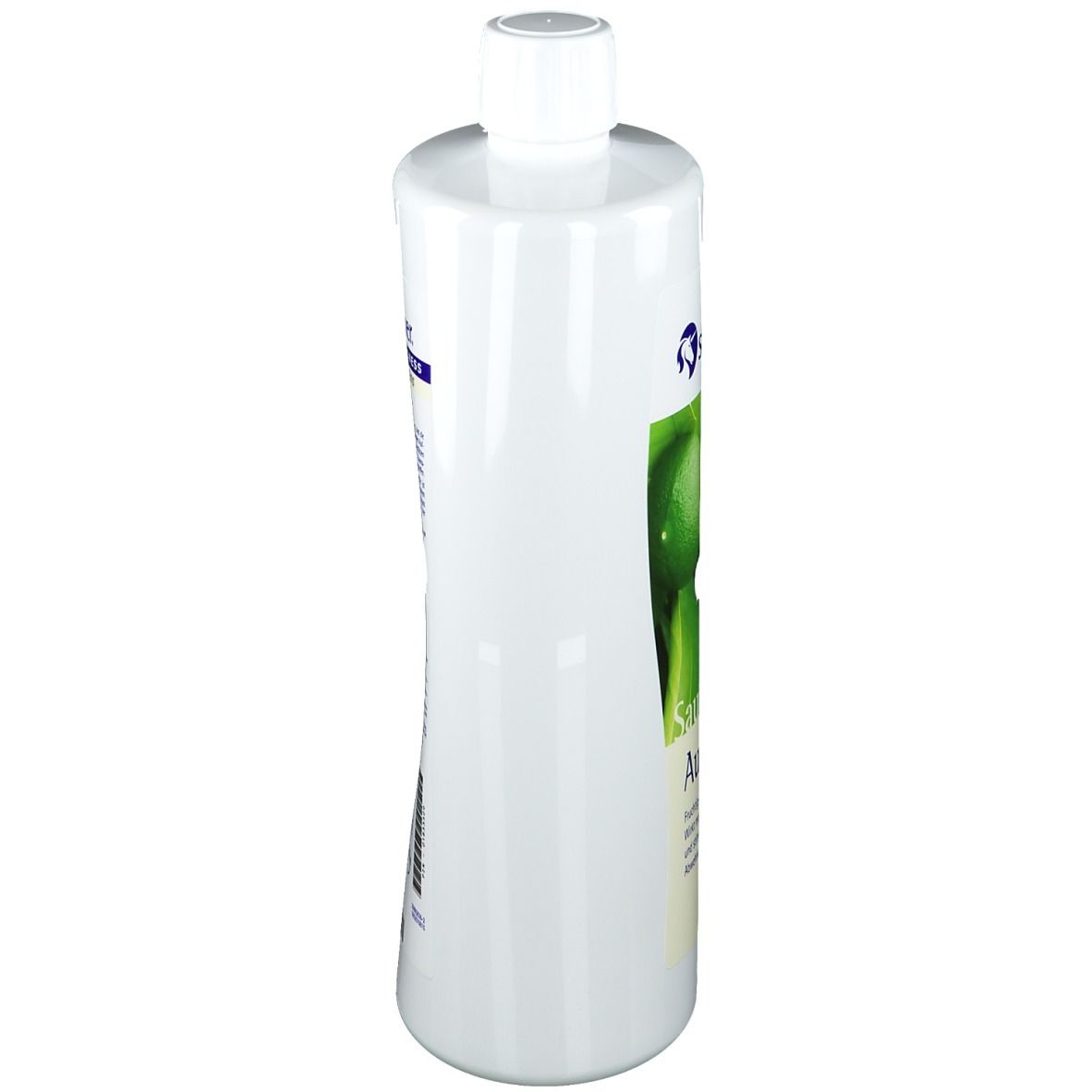 Weiße Flasche, Seitenansicht. Etikett teilweise sichtbar. Marke: Spitzner Wellness Sauna.