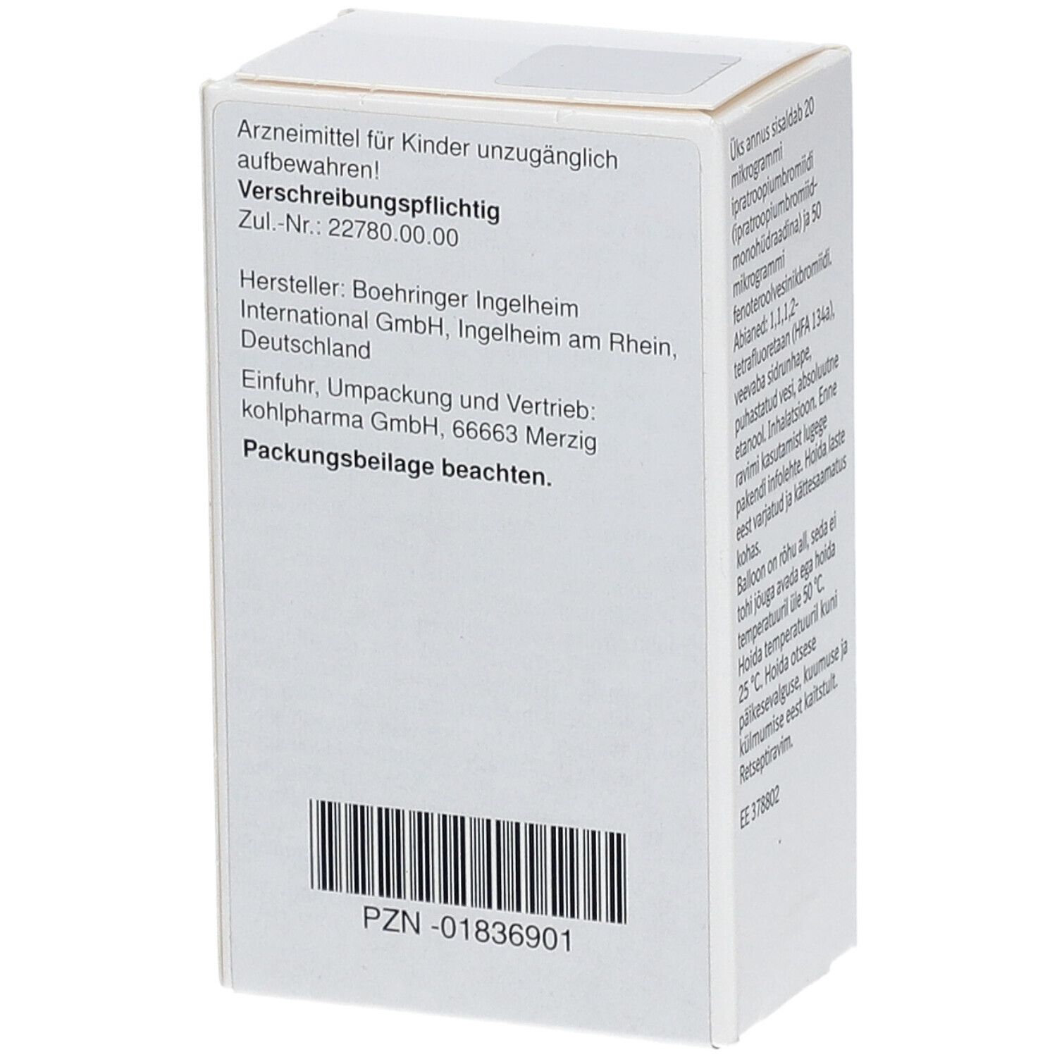 Weiße Medikamentenverpackung mit deutscher Beschriftung, Barcode und PZN.