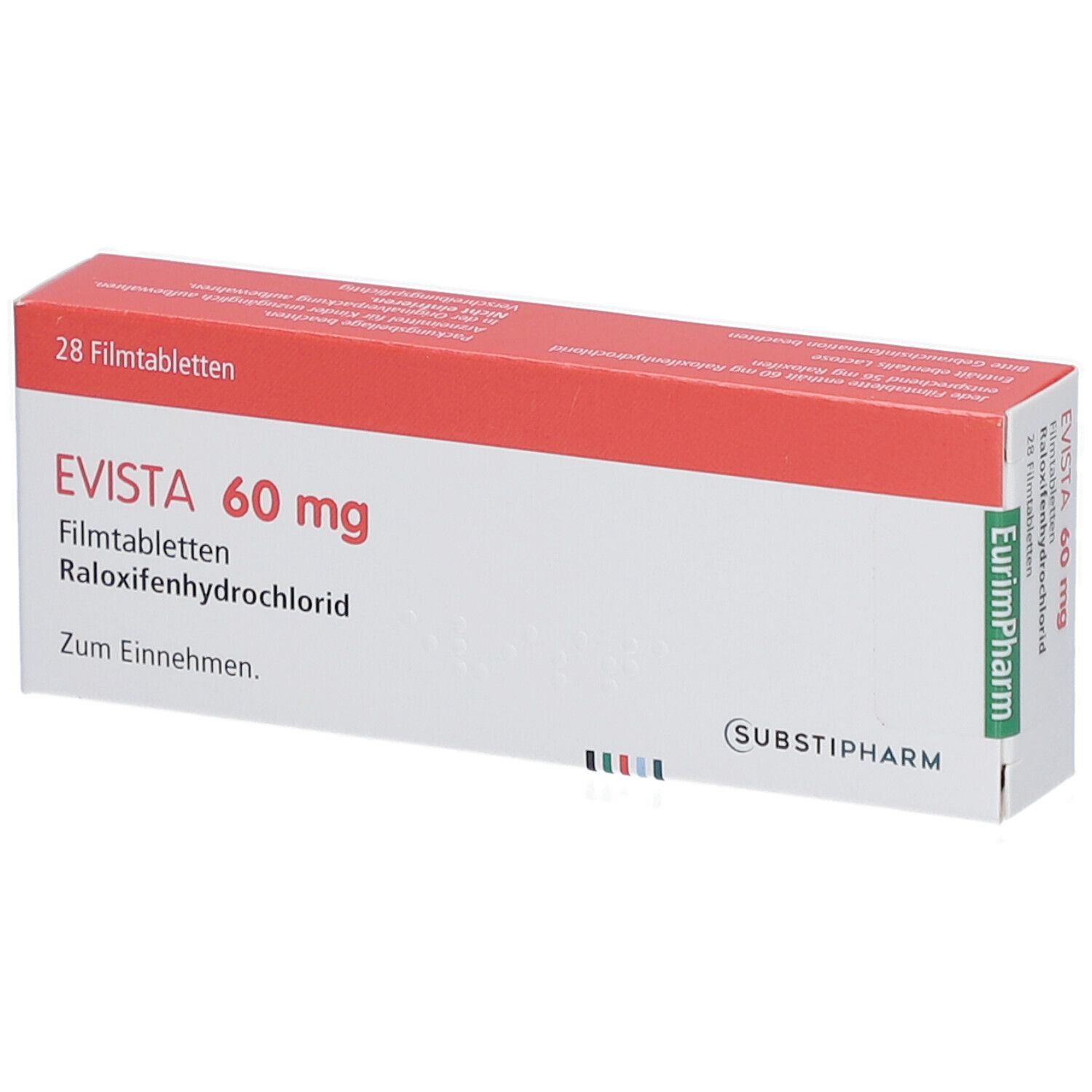 EVISTA 60 mg Filmtabletten-Packung. Rote und weiße Schachtel mit Produktnamen und Inhaltsangaben. 28 Filmtabletten.
