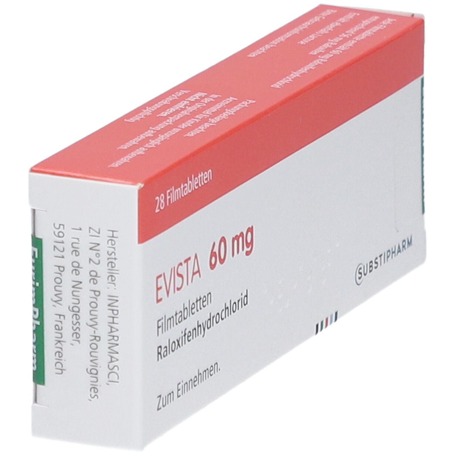 EVISTA 60 mg Packung, schräg. Rote und weiße Schachtel mit Produktnamen und Inhaltsangaben. Herstellerinformationen auf der Seite.