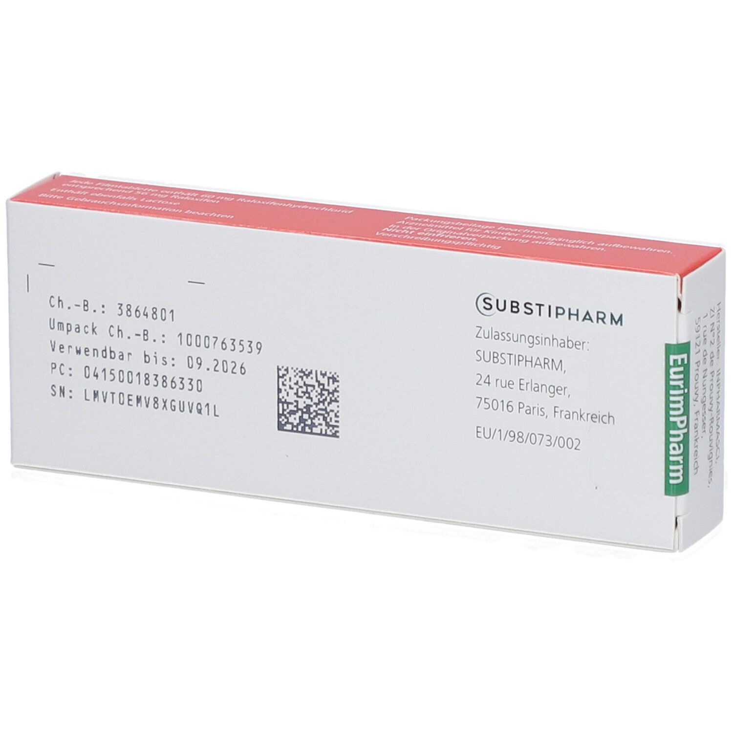 Rückseite der EVISTA 60 mg Packung. Enthält Chargennummer, Verfallsdatum, QR-Code und Herstellerinformationen.