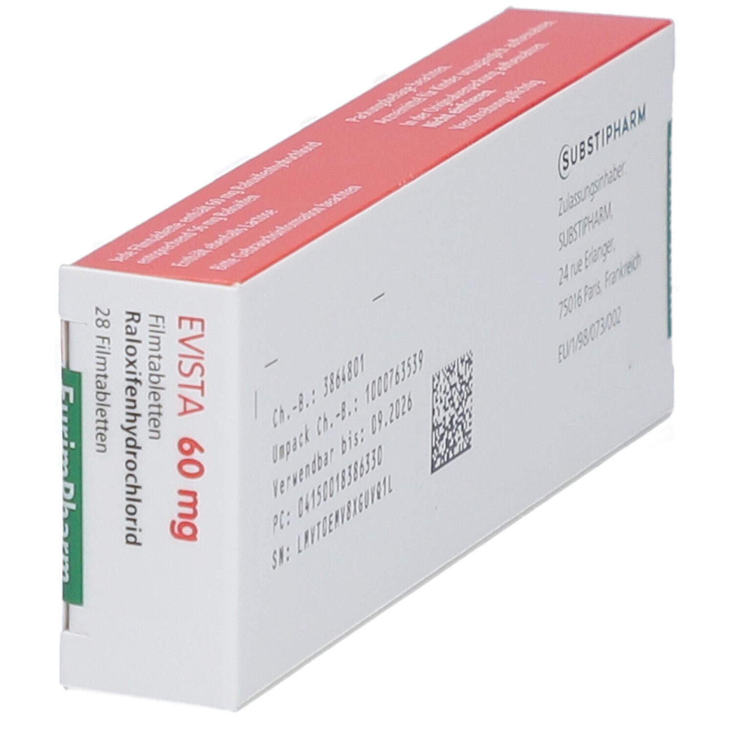 EVISTA 60 mg Packung, schräg. Rückseite mit Chargennummer, Verfallsdatum, QR-Code und Herstellerinformationen.