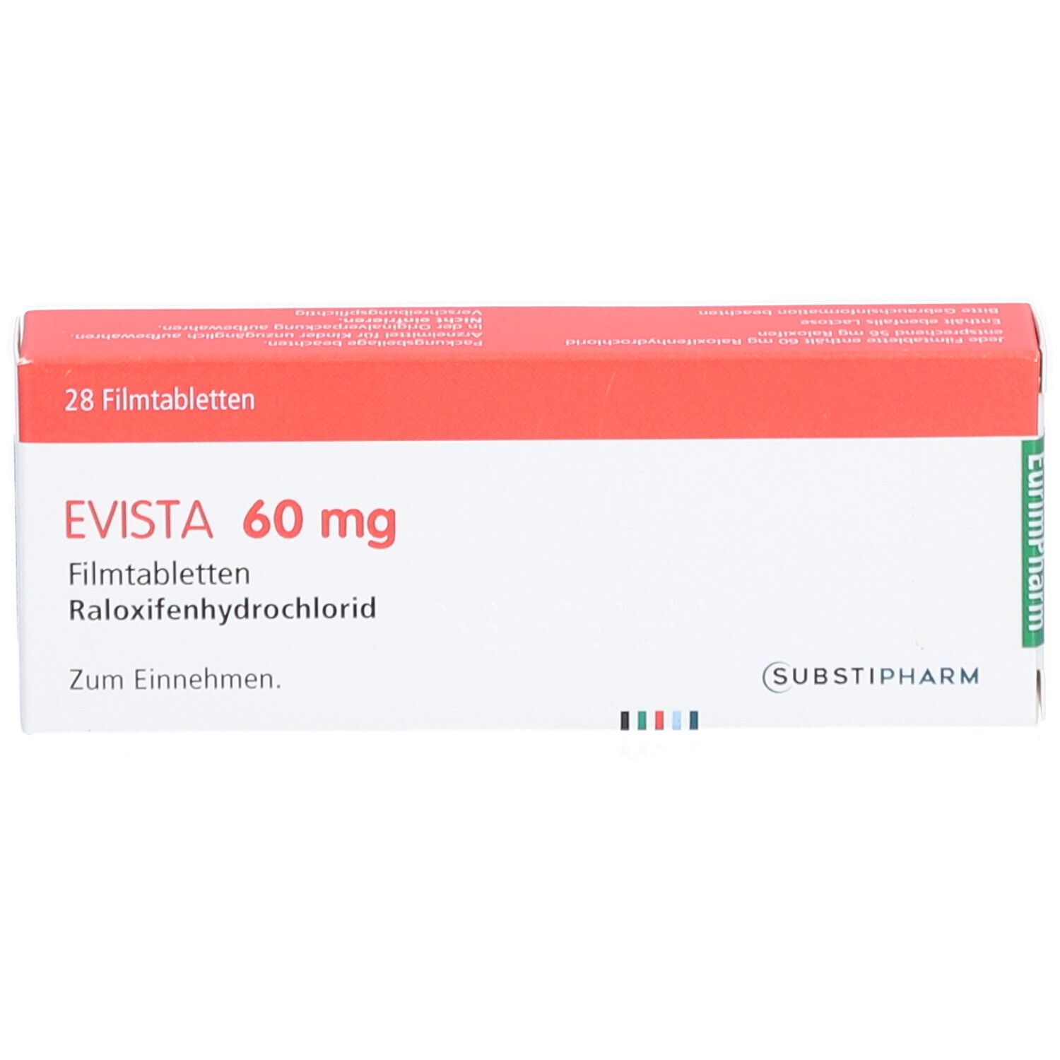 EVISTA 60 mg Filmtabletten-Packung. Rote und weiße Schachtel mit Produktnamen und Inhaltsangaben. 28 Filmtabletten.