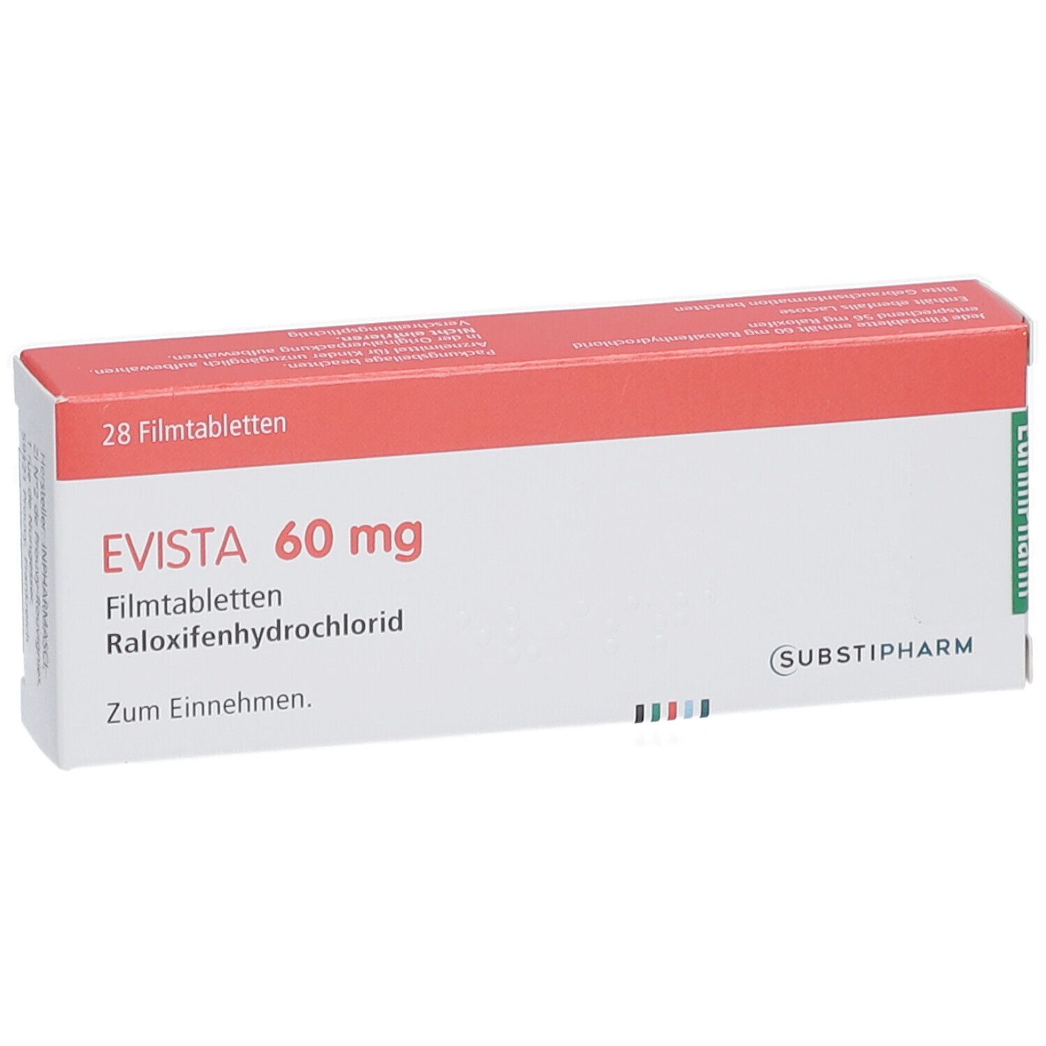 EVISTA 60 mg Filmtabletten-Packung. Rote und weiße Schachtel mit Produktnamen und Inhaltsangaben. 28 Filmtabletten.