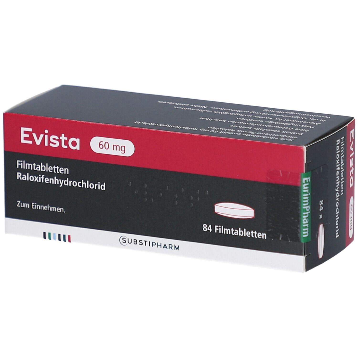 Schachtel mit Evista 60 mg Filmtabletten. Schwarzer Hintergrund, roter Streifen. Text: Raloxifenhydrochlorid, 84 Filmtabletten.