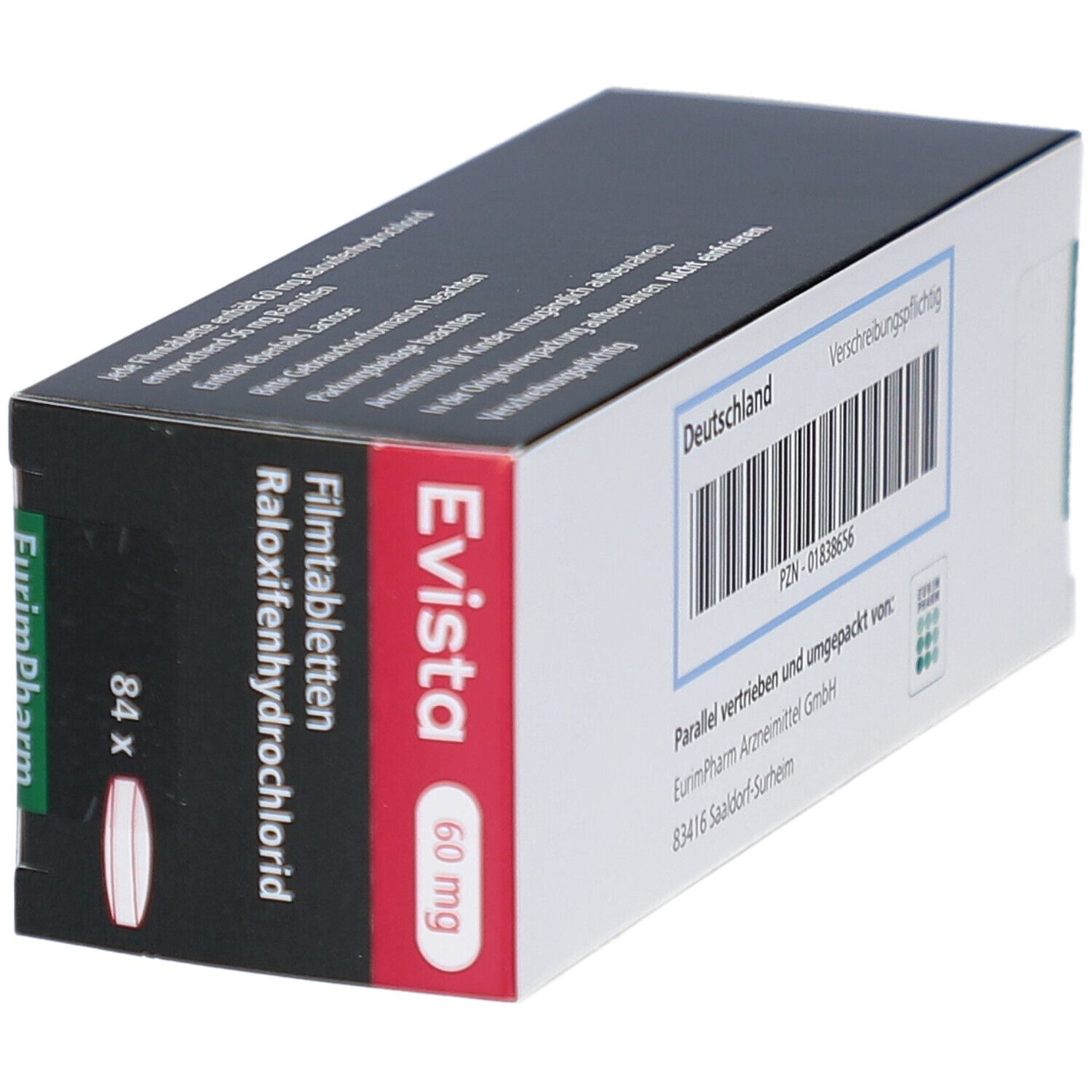 Evista 60 mg Schachtel, Seitenansicht. Roter Streifen, Text: Raloxifenhydrochlorid, 84 Filmtabletten. EurimPharm-Logo.