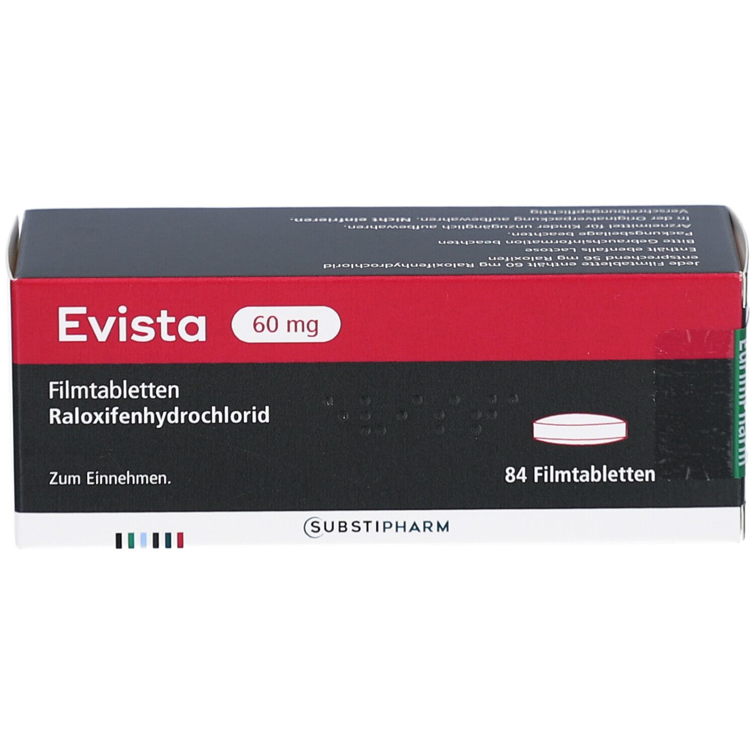 Evista 60 mg Schachtel. Schwarzer Hintergrund, roter Streifen. Text: Raloxifenhydrochlorid, 84 Filmtabletten. EurimPharm-Logo.