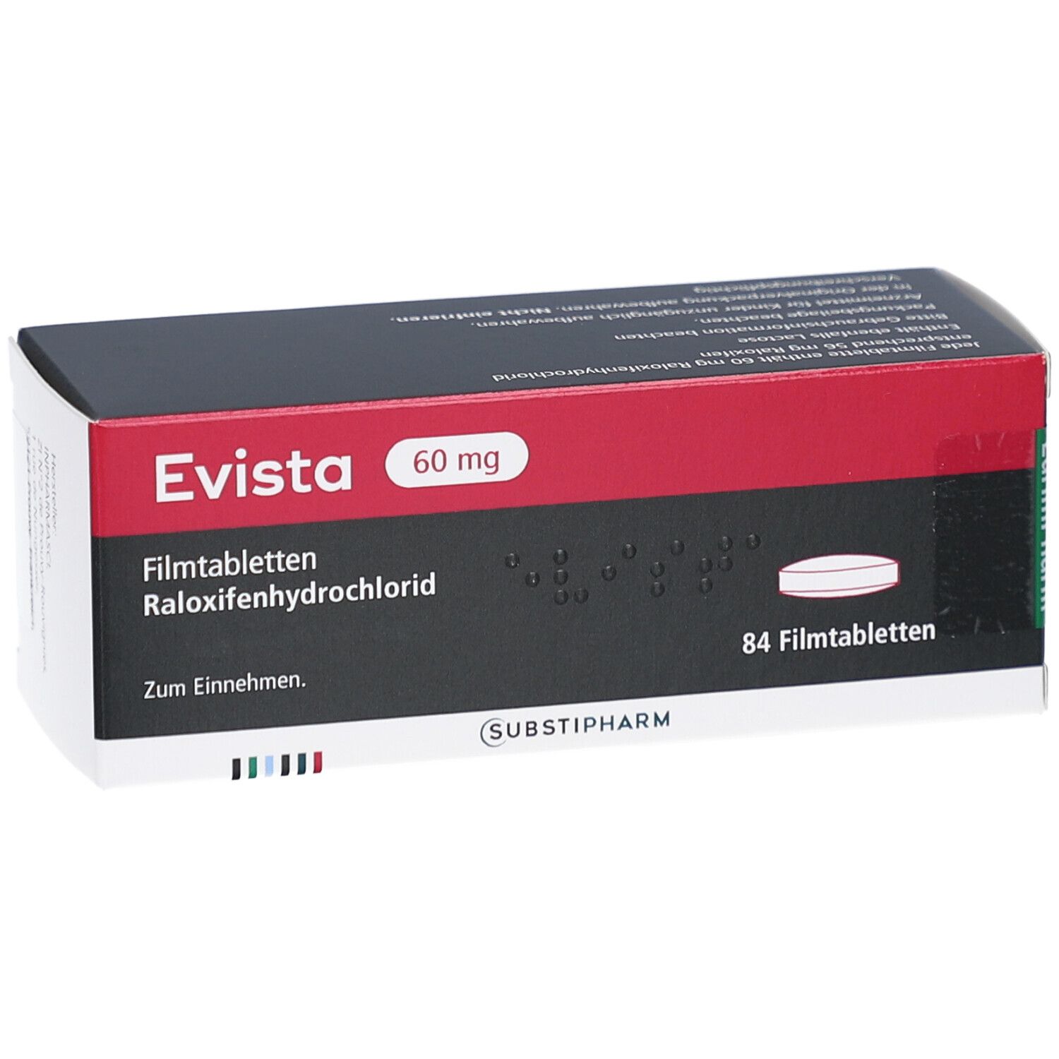 Evista 60 mg Schachtel. Schwarzer Hintergrund, roter Streifen. Text: Raloxifenhydrochlorid, 84 Filmtabletten. Braille-Schrift.