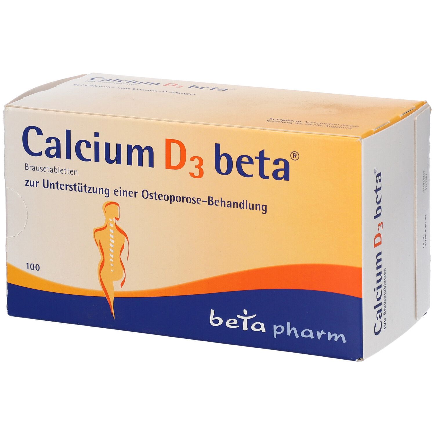 Calcium D3 beta® Brausetabletten-Packung. Orange-weiß-blaue Schachtel mit Produktnamen, Logo und Inhaltsangabe. 100 Tabletten.
