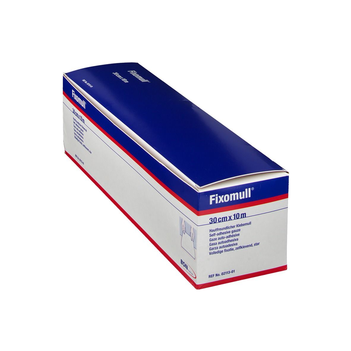 Kartonverpackung von Fixomull, 30 cm x 10 m. Blau-weißes Design mit Produktnamen und Größenangabe.
