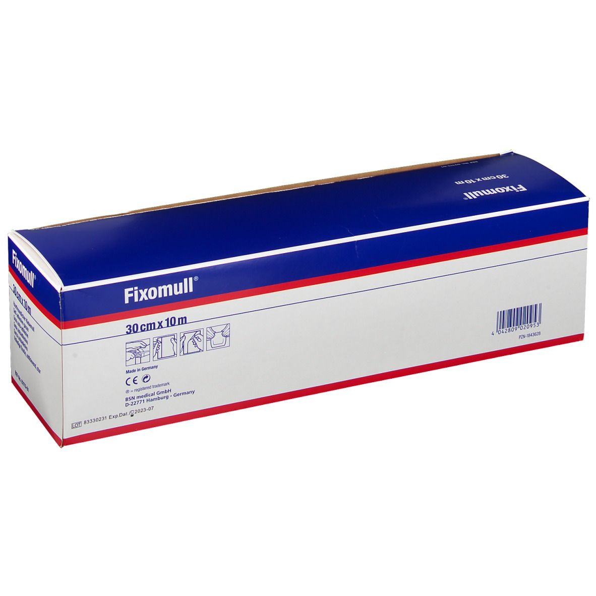 Fixomull-Verpackung, 30 cm x 10 m. Blau-weißes Design mit Produktnamen und Größenangabe. Barcode sichtbar.