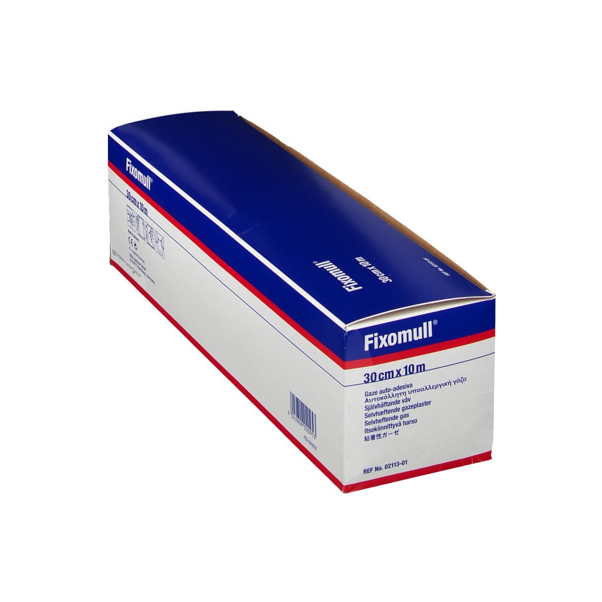 Kartonverpackung von Fixomull, 30 cm x 10 m. Blau-weißes Design mit Produktnamen und Größenangabe.