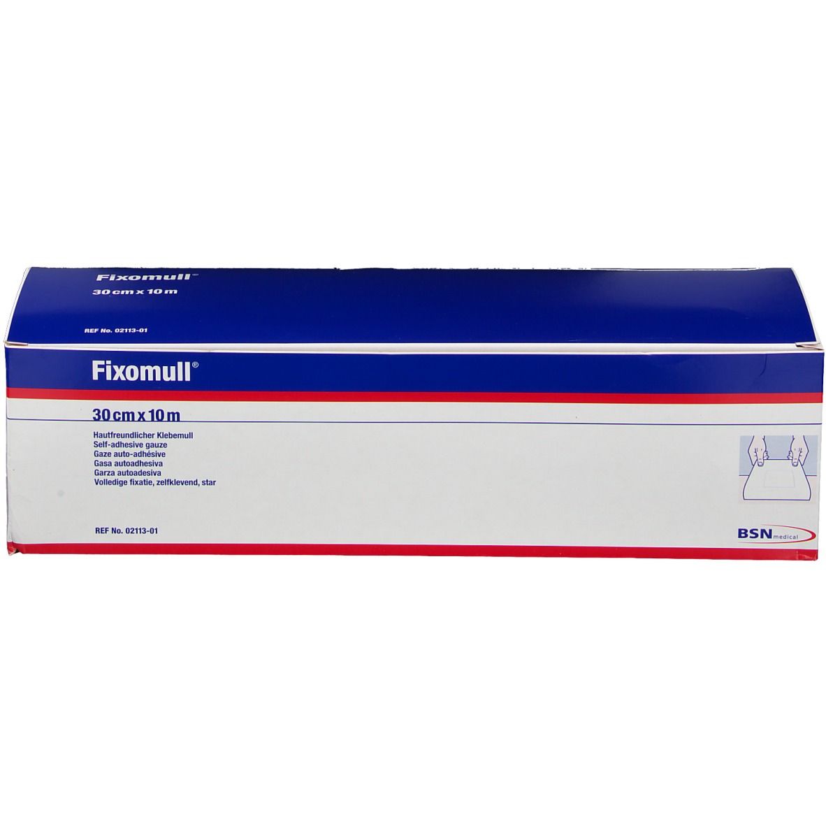 Fixomull-Verpackung, 30 cm x 10 m. Blau-weißes Design mit Produktnamen und Größenangabe. BSN-Logo.