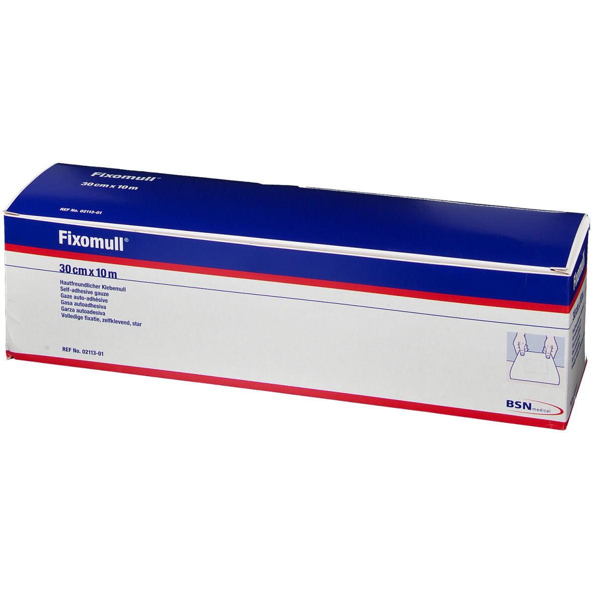 Fixomull-Verpackung, 30 cm x 10 m. Blau-weißes Design mit Produktnamen und Größenangabe. BSN-Logo.