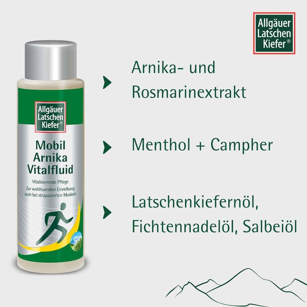 Produktflasche mit Inhaltsstoffen: Arnika- und Rosmarinextrakt, Menthol + Campher, Latschenkiefernöl, Fichtennadelöl, Salbeiöl.