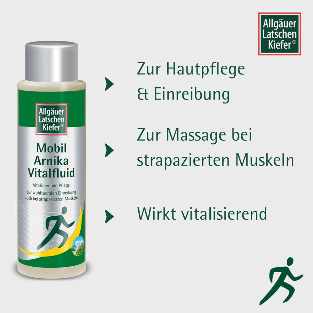 Produktflasche mit Text: Allgäuer Latschenkiefer Mobil Arnika Vitalfluid. Text: Zur Hautpflege & Einreibung, Massage, wirkt vitalisierend.