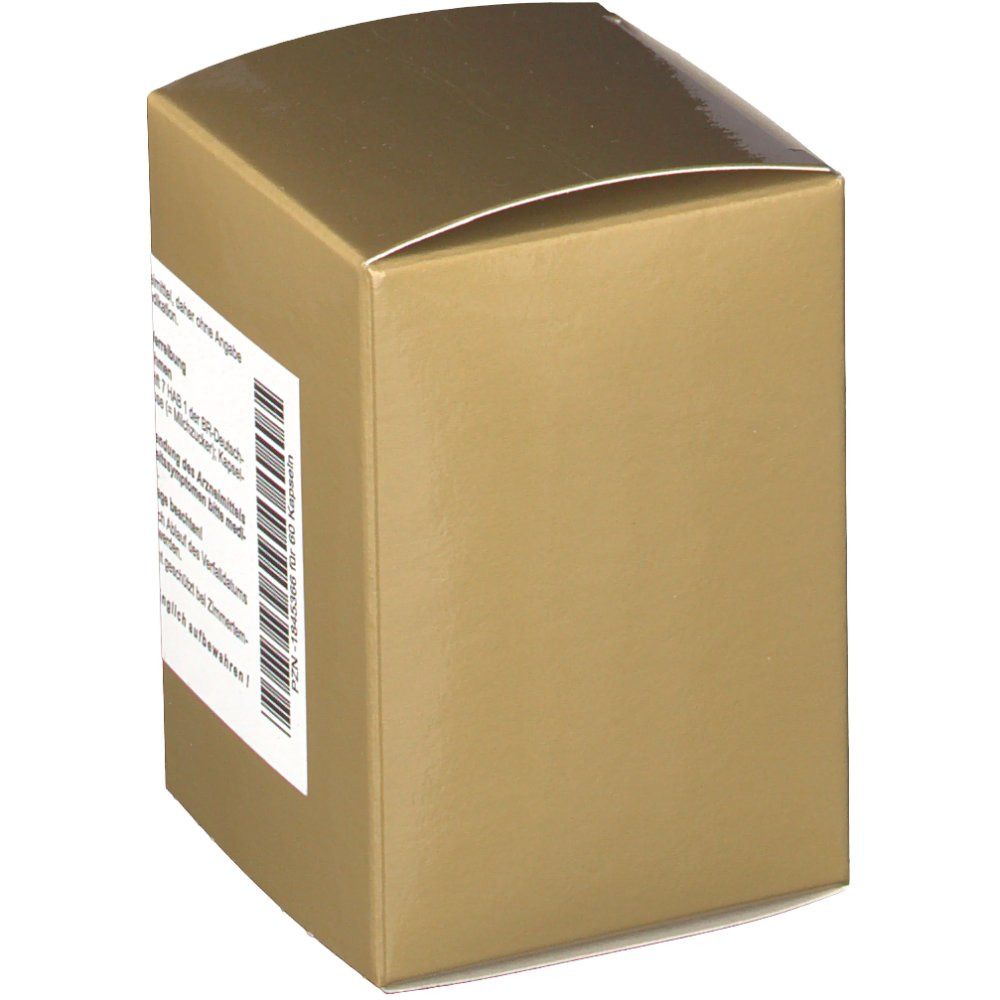 Goldfarbene Schachtel mit weißem Etikett und Barcode. Text auf dem Etikett.