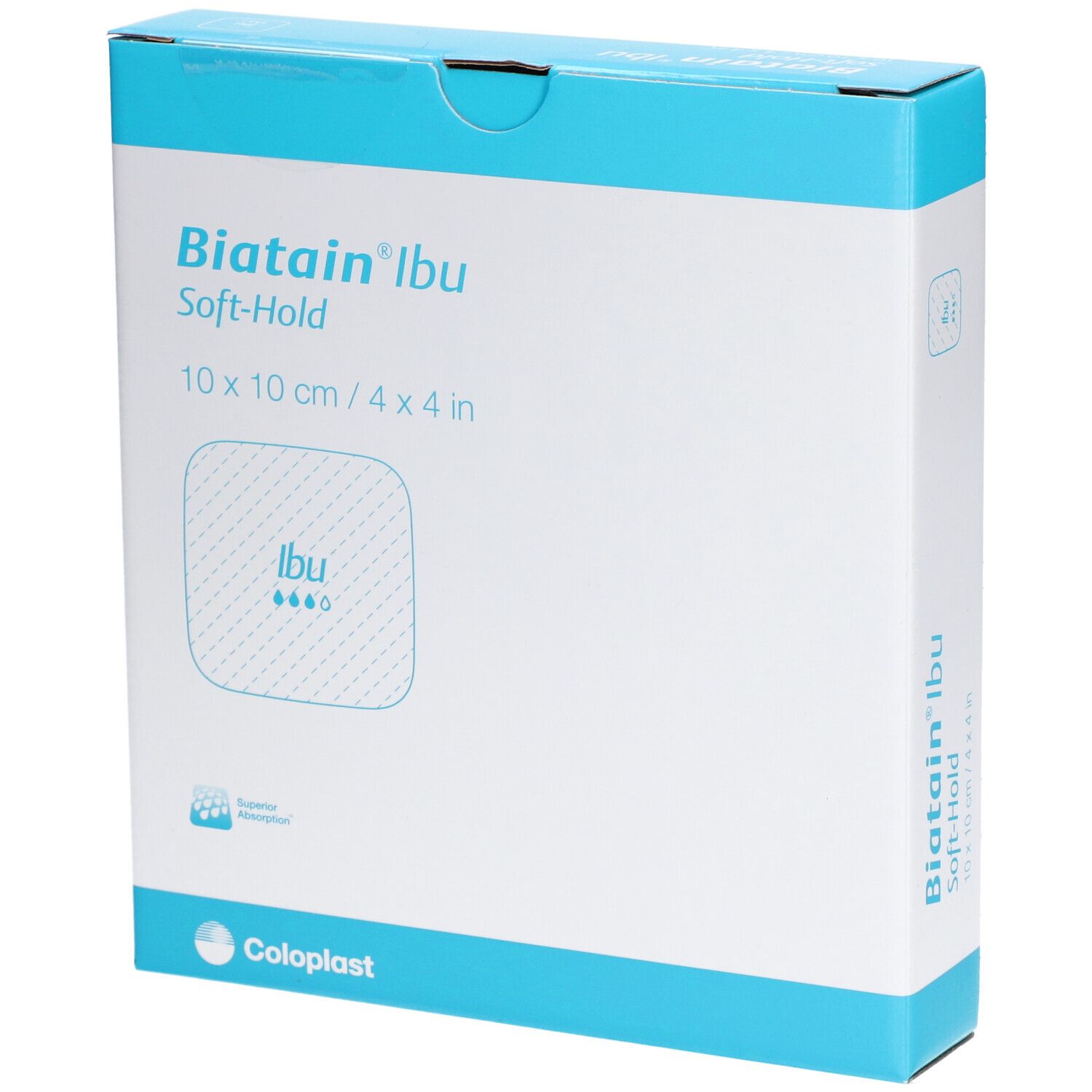 Verpackung von BIATAIN® Ibu Schaumverband. Weiß-blaue Schachtel mit Produktnamen und Größenangabe.