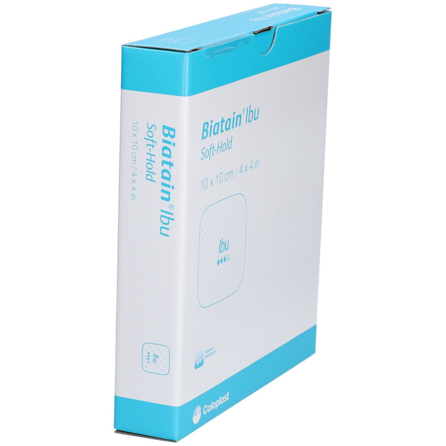 Schachtel BIATAIN® Ibu, Soft-Hold. Weiß-blaue Verpackung mit Produktnamen und Größenangabe.