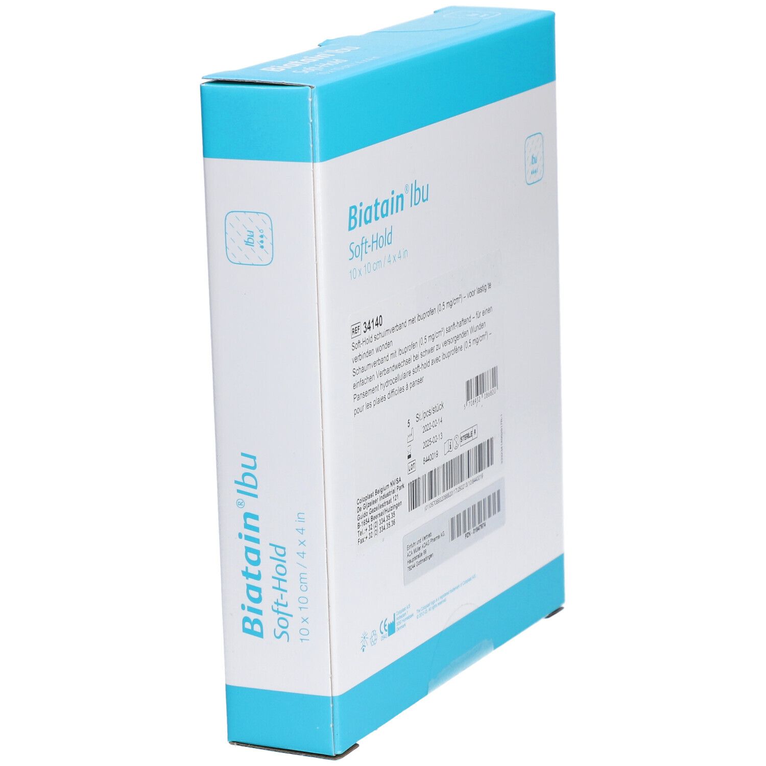 Seitenansicht der BIATAIN® Ibu Verpackung. Produktname, Größenangabe und Herstellerinformationen.