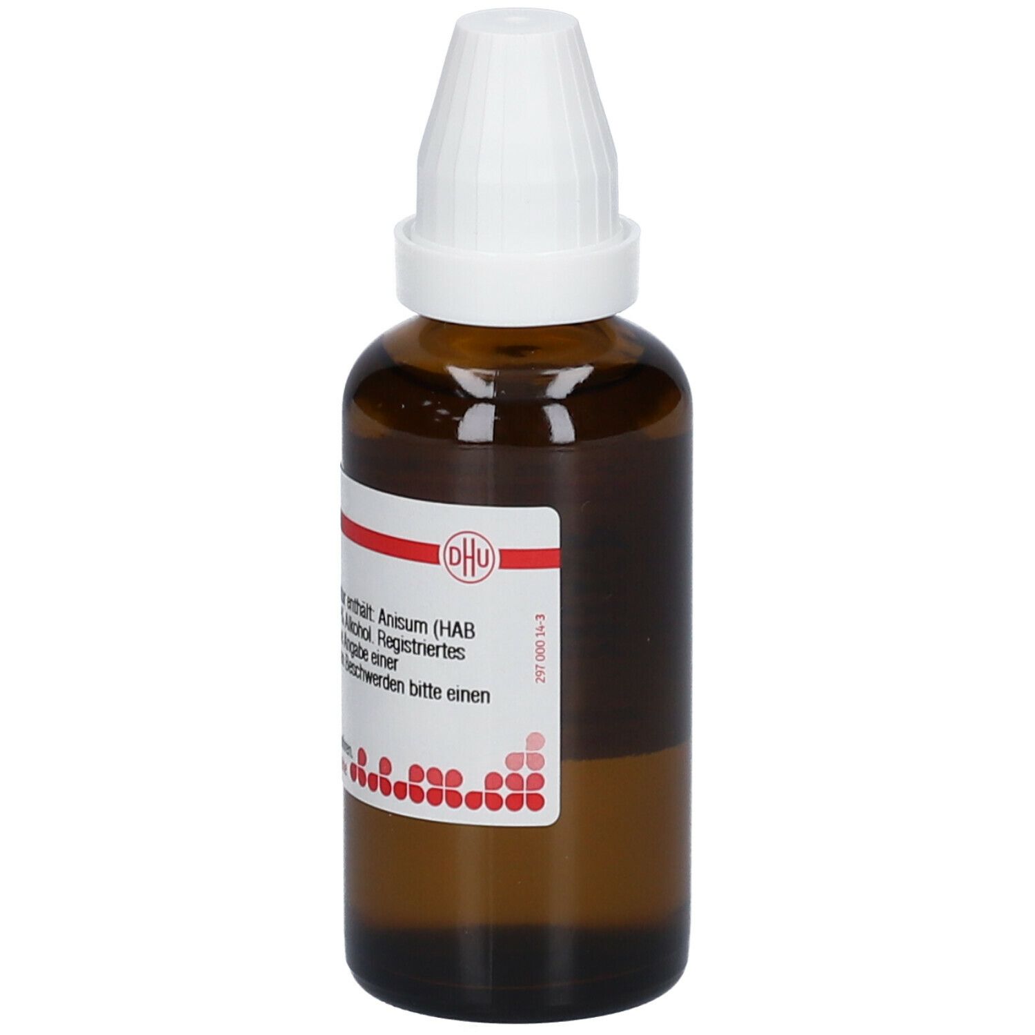 Braune Glasflasche mit weißem Verschluss. Etikett mit Produktinformationen. Aufschrift: DHU, Anisum (HAB).