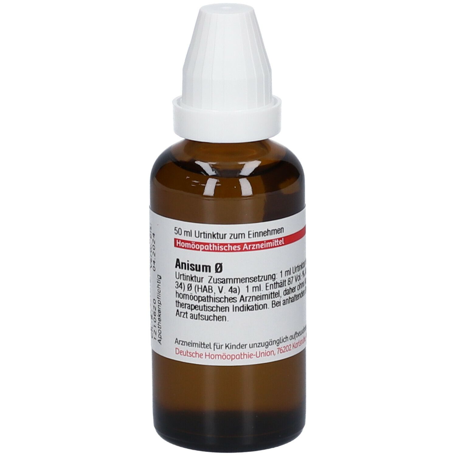 Braune Glasflasche mit weißem Verschluss. Etikett mit Produktinformationen. Aufschrift: Anisum Ø, 50 ml, homöopathisches Arzneimittel.