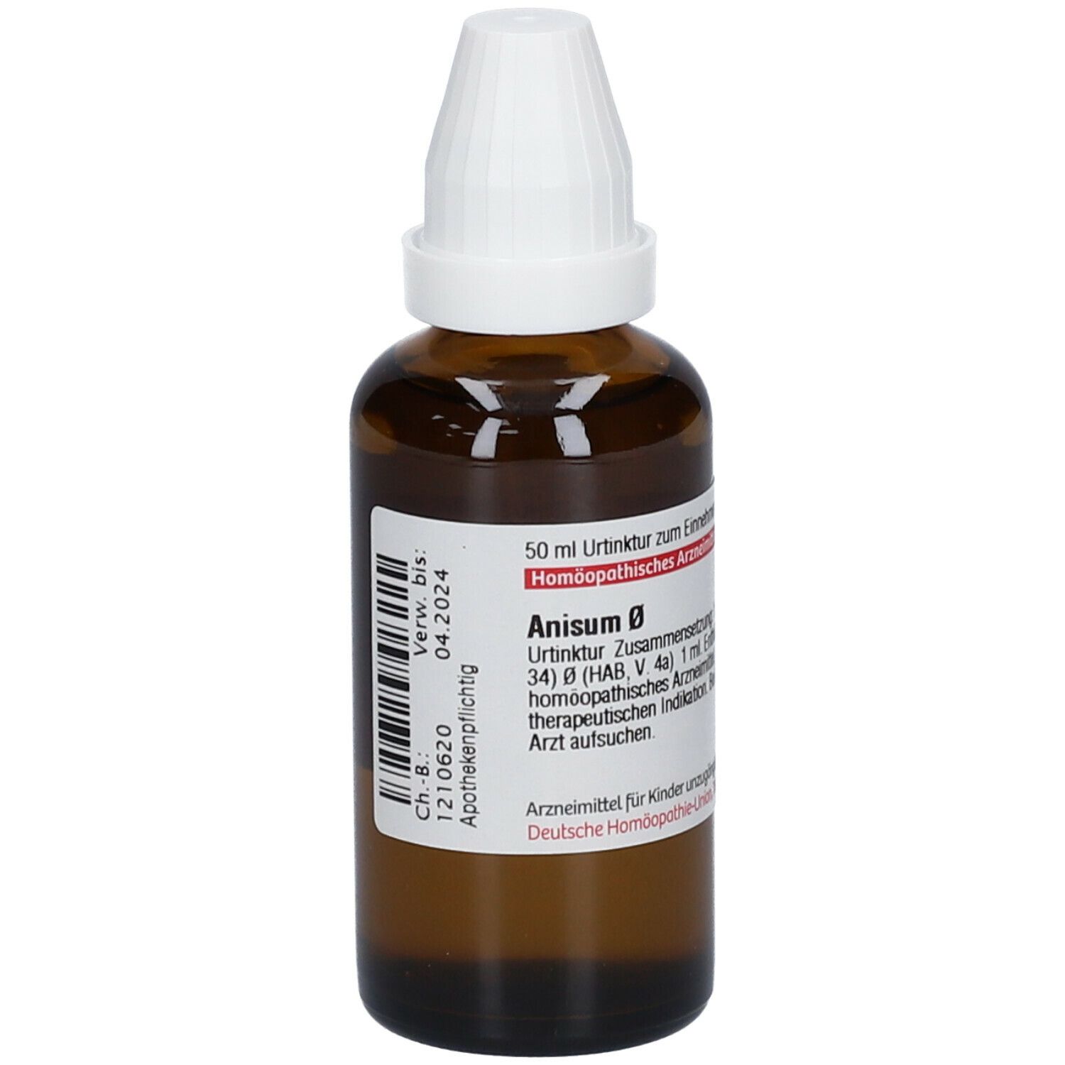 Braune Glasflasche mit weißem Verschluss. Etikett mit Produktinformationen. Aufschrift: Anisum Ø, 50 ml, Apothekenpflichtig.