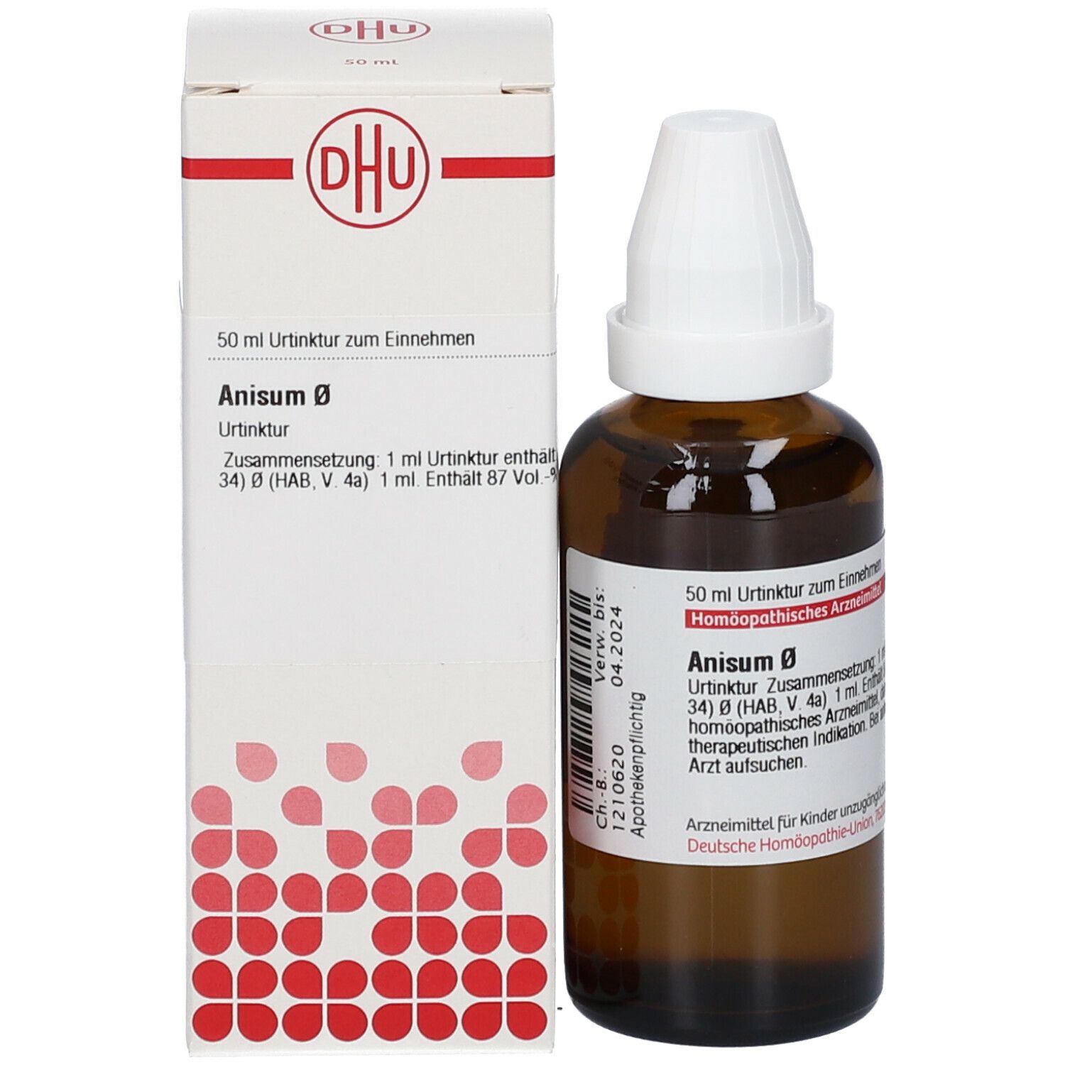 Braune Glasflasche mit weißem Verschluss und Karton. Aufschrift: DHU, Anisum Ø, 50 ml.