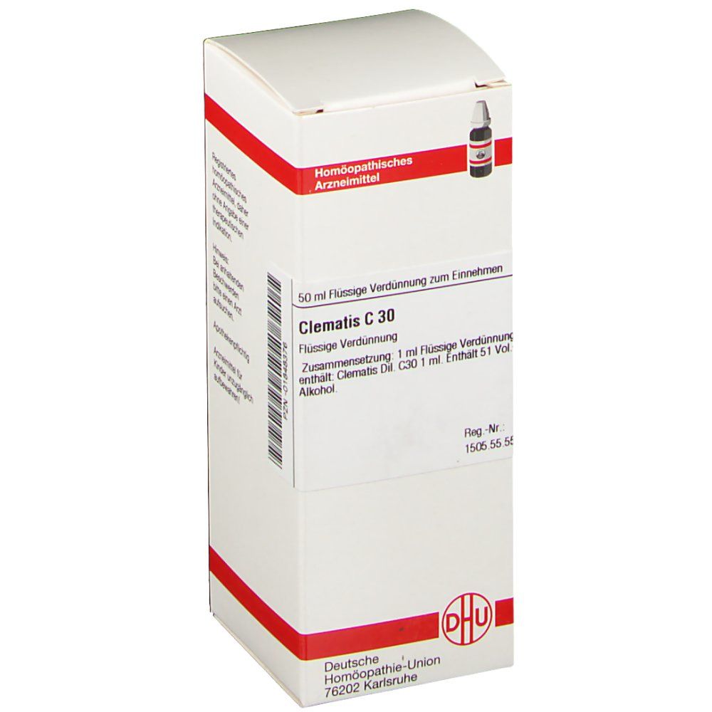 Weiße Faltschachtel mit roter Umrandung. Aufdruck: DHU, Clematis C 30, homöopathisches Arzneimittel. Flasche sichtbar.
