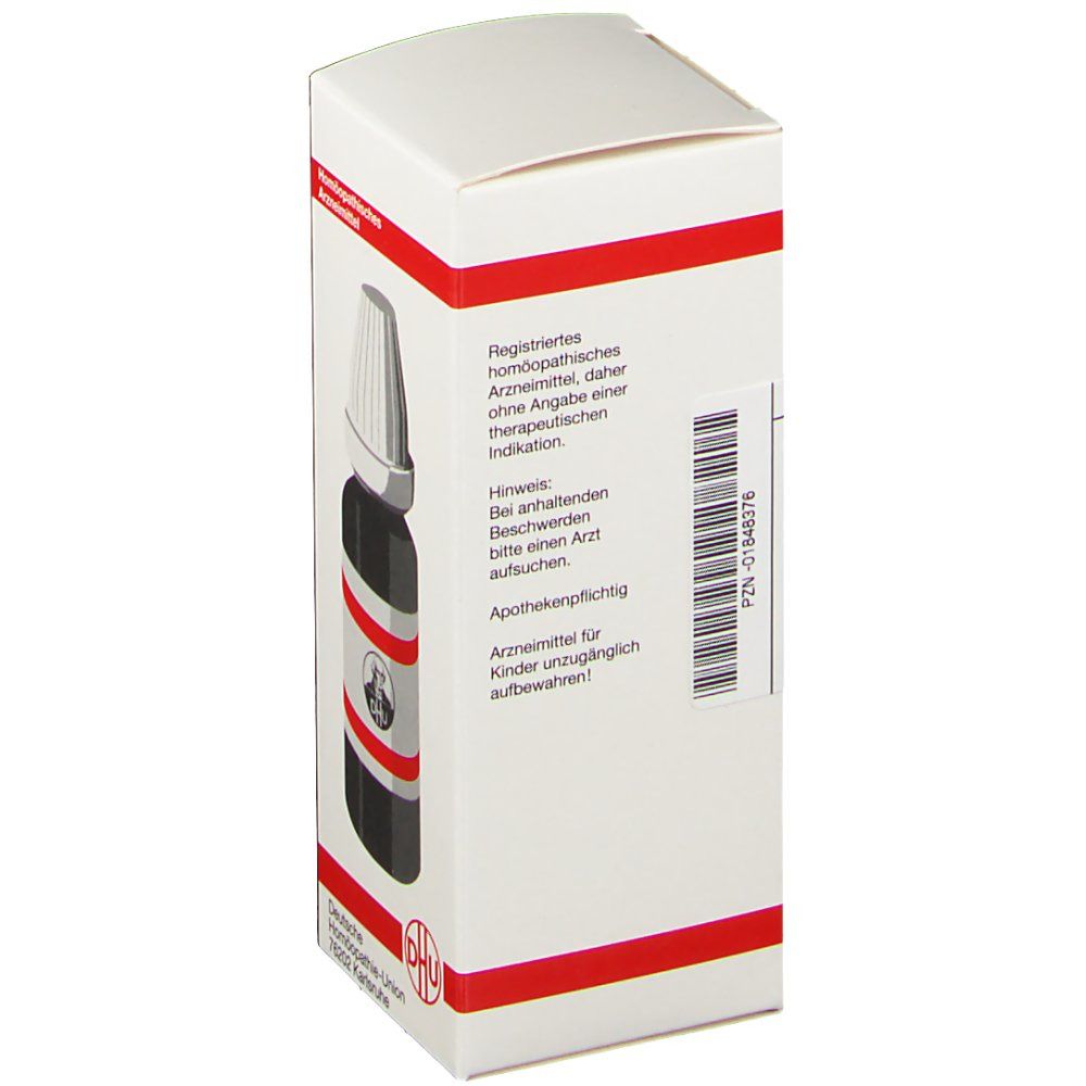 Weiße Faltschachtel mit roter Umrandung. Aufdruck: DHU Logo, Barcode. Enthält eine braune Glasflasche mit Tropfer.