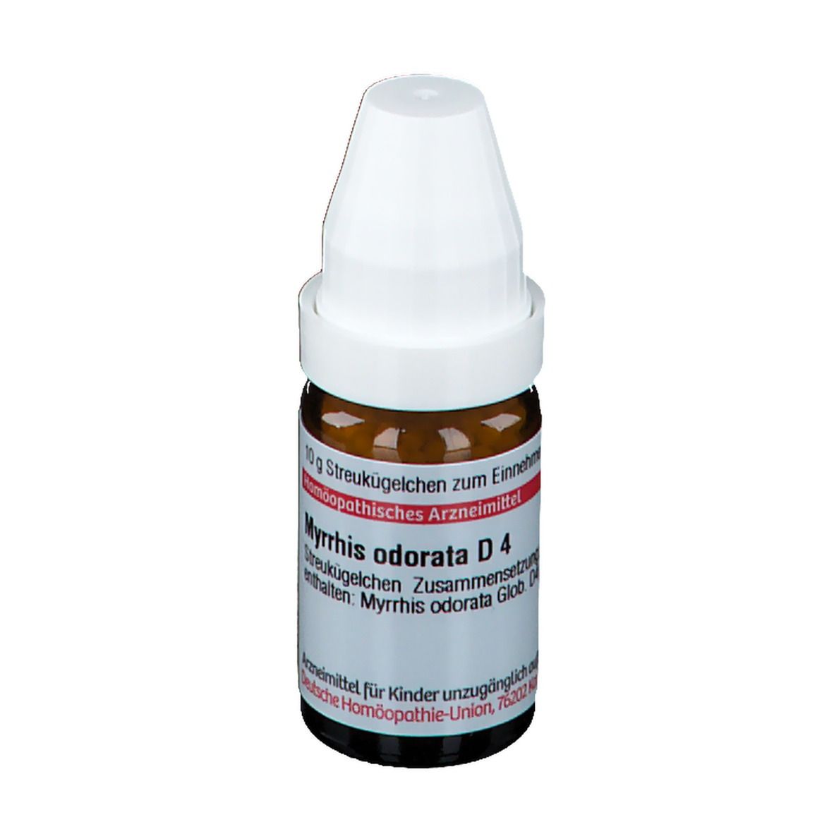 Braune Glasflasche mit weißem Deckel. Etikett mit Produktinformationen. Homöopathisches Arzneimittel.