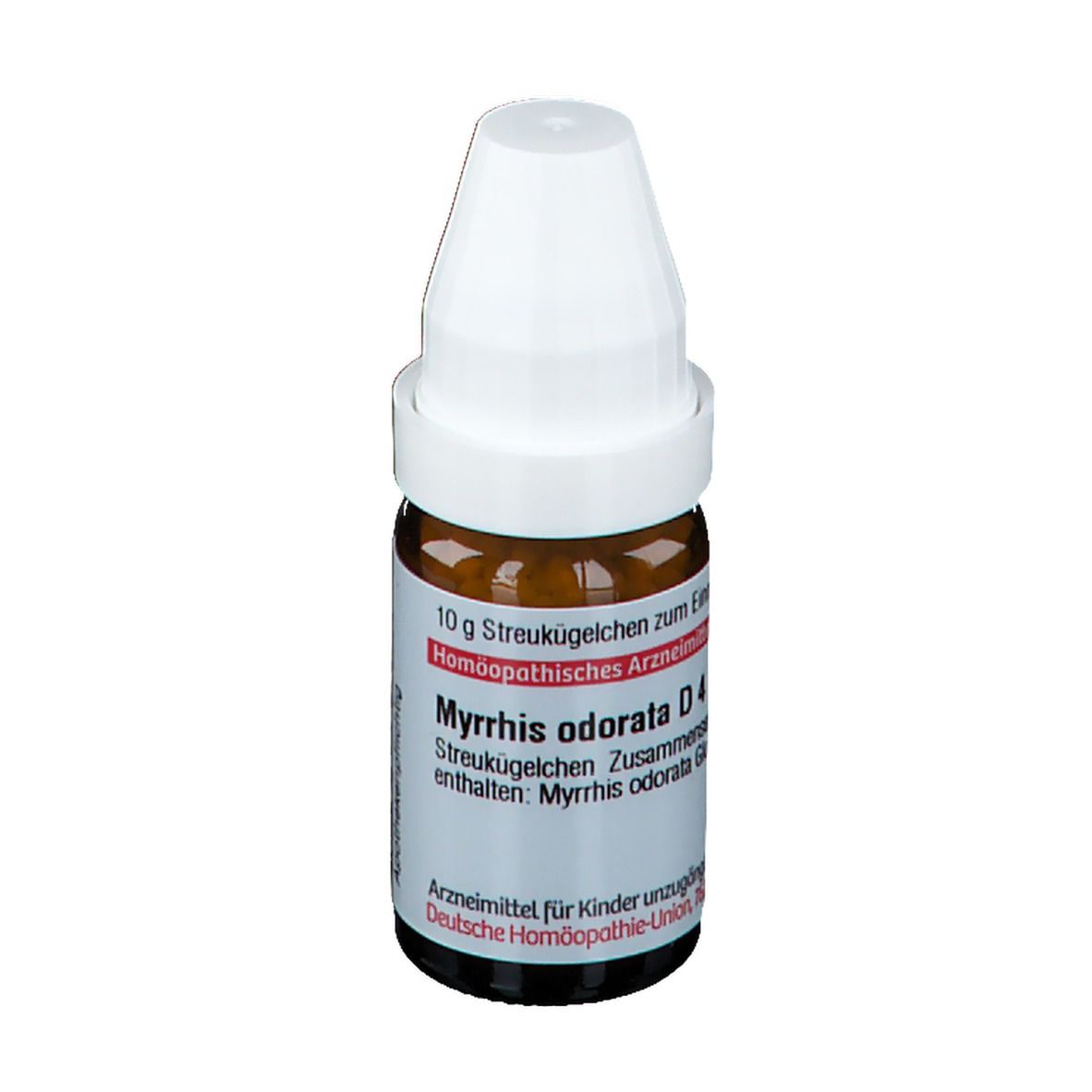 Braune Glasflasche mit weißem Deckel. Etikett mit Produktinformationen. Homöopathisches Arzneimittel.
