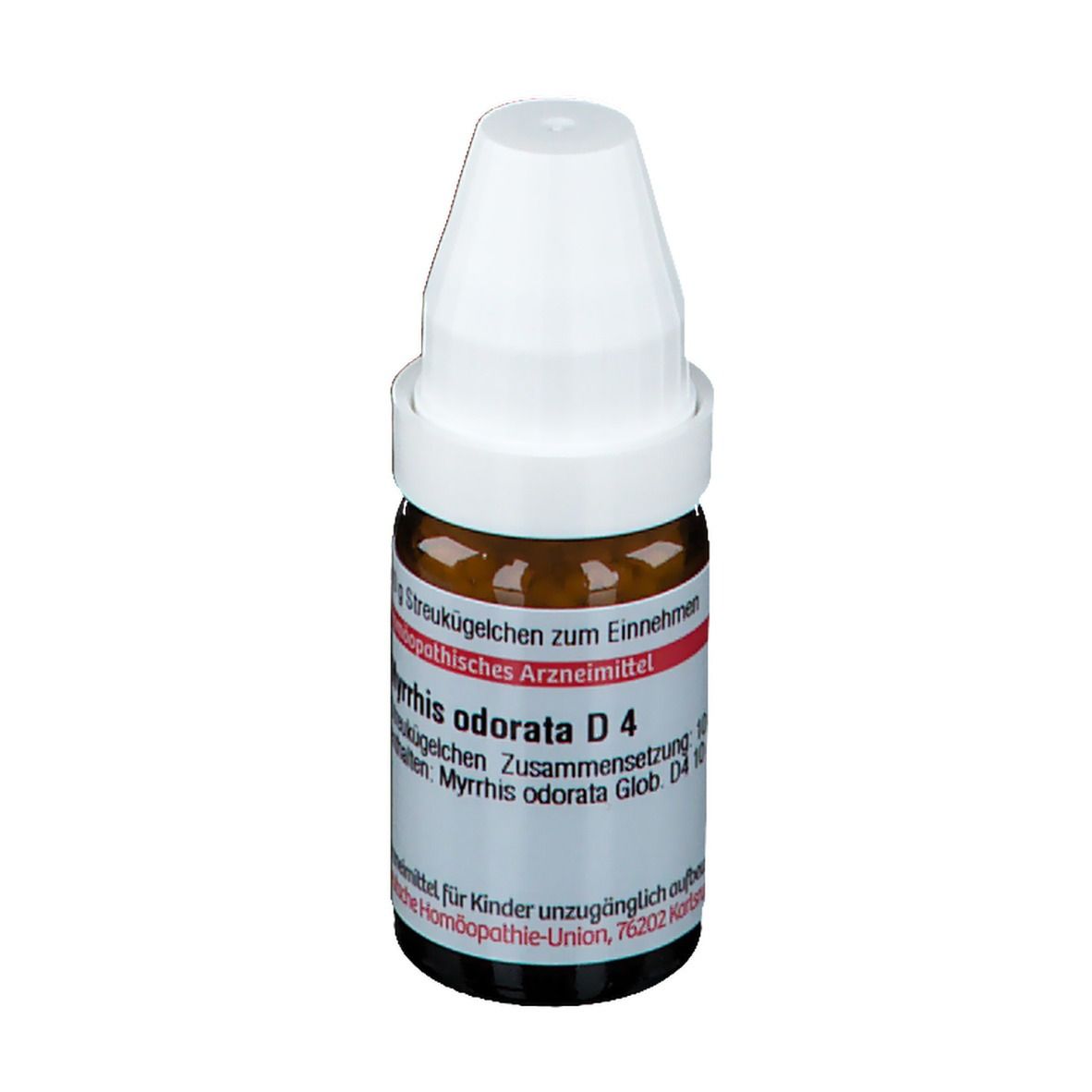 Braune Glasflasche mit weißem Deckel. Etikett mit Produktinformationen. Homöopathisches Arzneimittel.