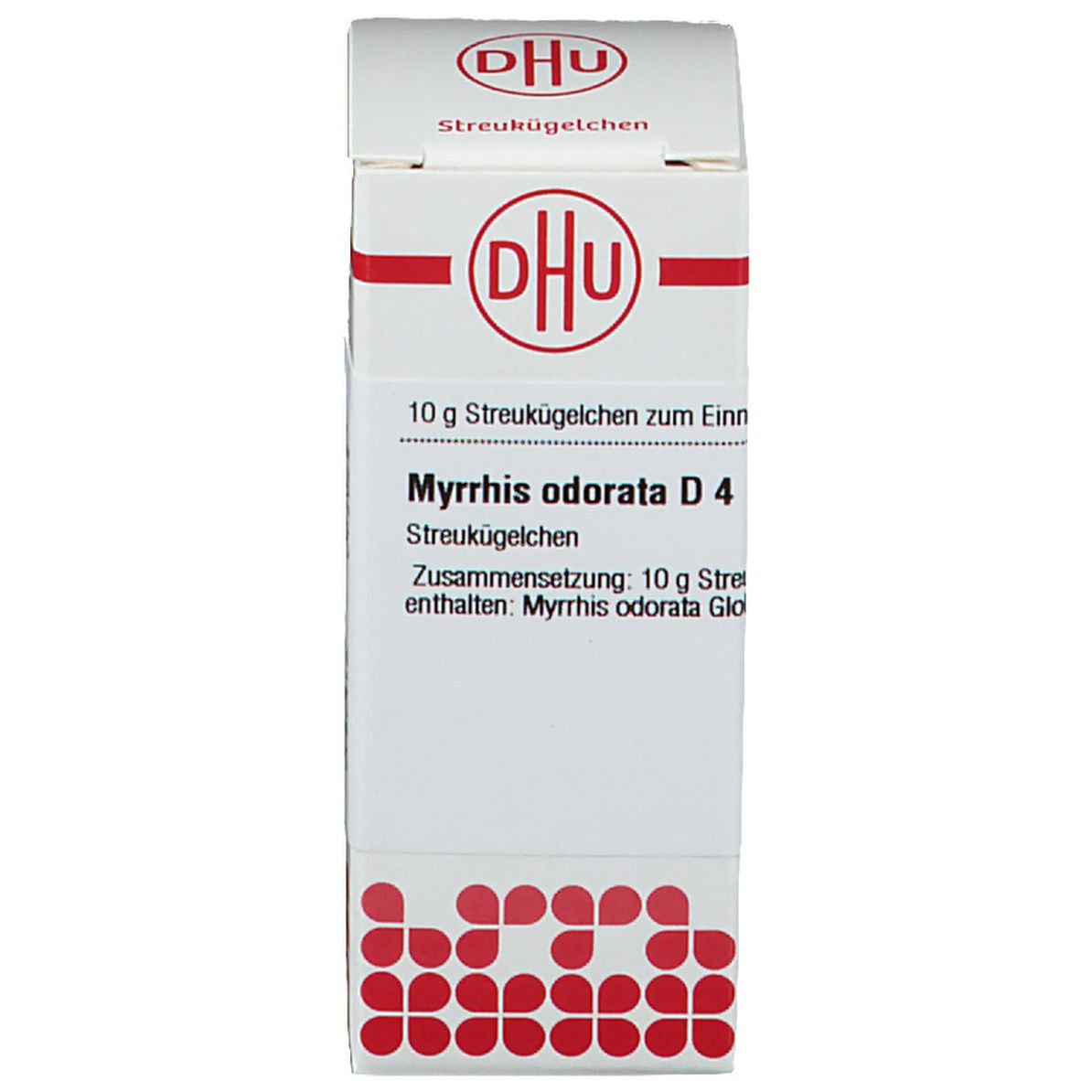 Weiße Verpackung mit DHU Logo. Produktinformationen. Rote Punkte am unteren Rand. Homöopathisches Arzneimittel.