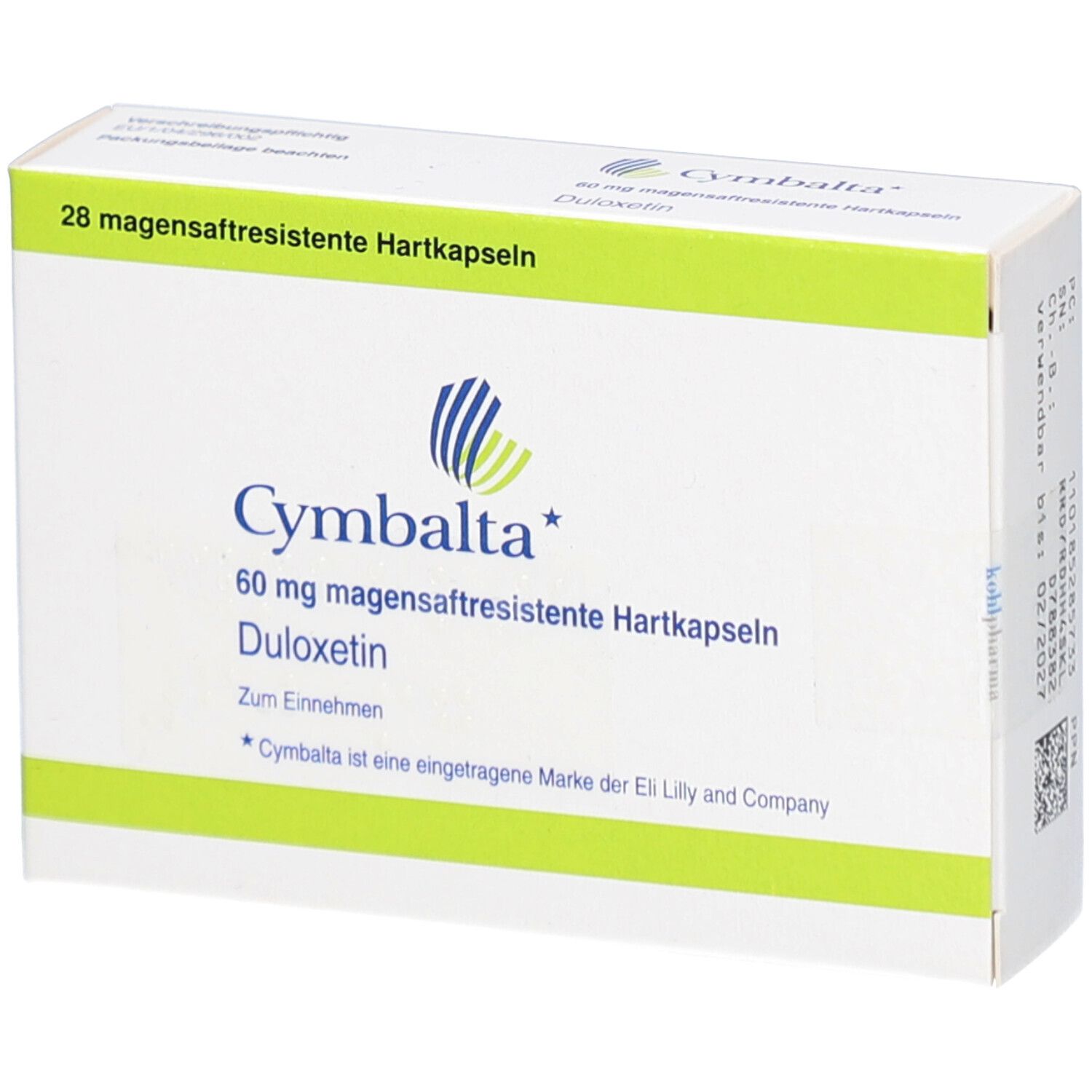 Schachtel Cymbalta 60 mg, 28 magensaftresistente Hartkapseln. Weiß mit grünen Akzenten. Logo und Produktinformationen.