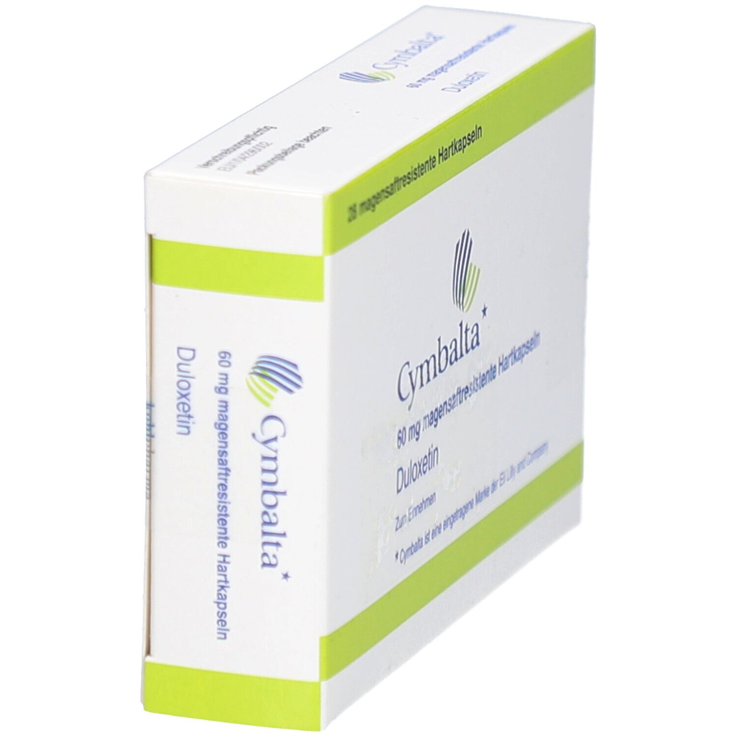 Schachtel Cymbalta 60 mg, 28 magensaftresistente Hartkapseln. Seitenansicht. Weiß mit grünen Akzenten. Logo und Text.