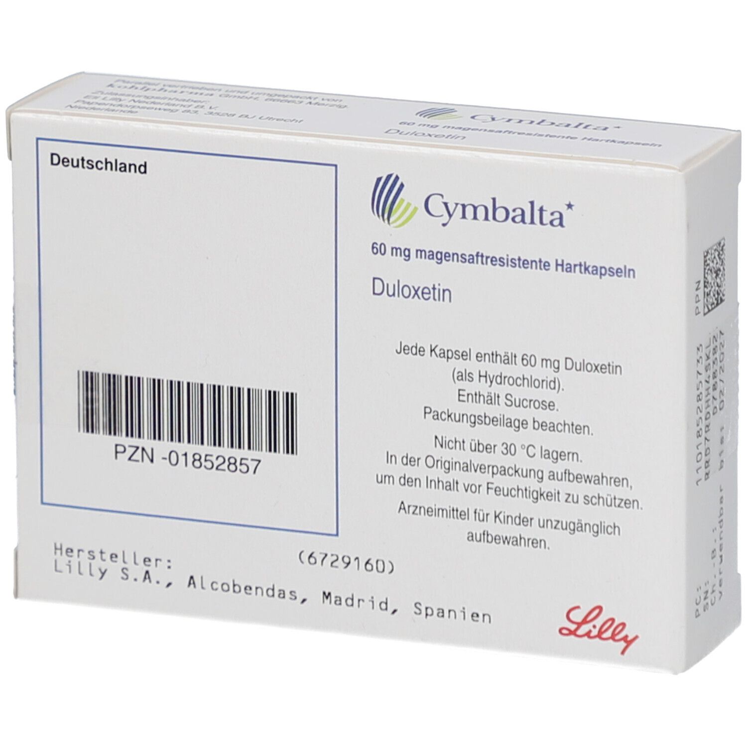 Rückseite der Cymbalta-Schachtel. Enthält Informationen zu Inhaltsstoffen, Hersteller und Lagerung. Mit Barcode und PZN-Nummer.
