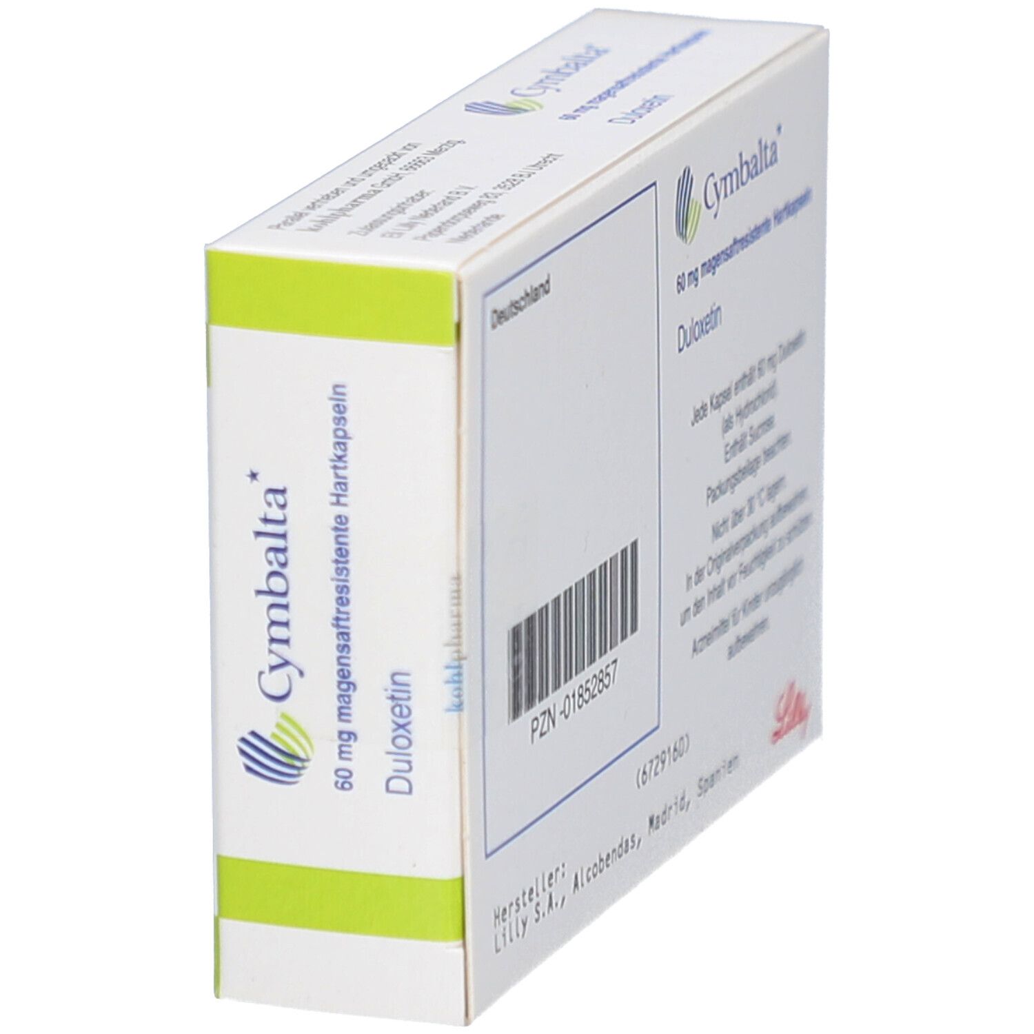 Schachtel Cymbalta 60 mg, 28 magensaftresistente Hartkapseln. Rückseite mit Barcode und Text. Weiß mit grünen Akzenten.