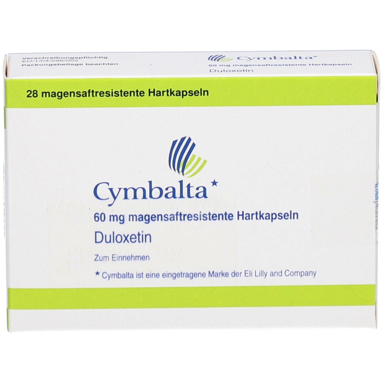 Weiße Schachtel mit grünen Akzenten. Aufschrift: Cymbalta 60 mg magensaftresistente Hartkapseln. Enthält 28 Kapseln.