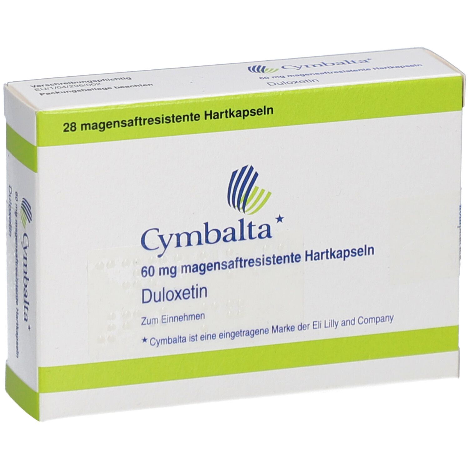 Schachtel Cymbalta 60 mg, 28 magensaftresistente Hartkapseln. Weiß mit grünen Akzenten. Logo und Produktinformationen.