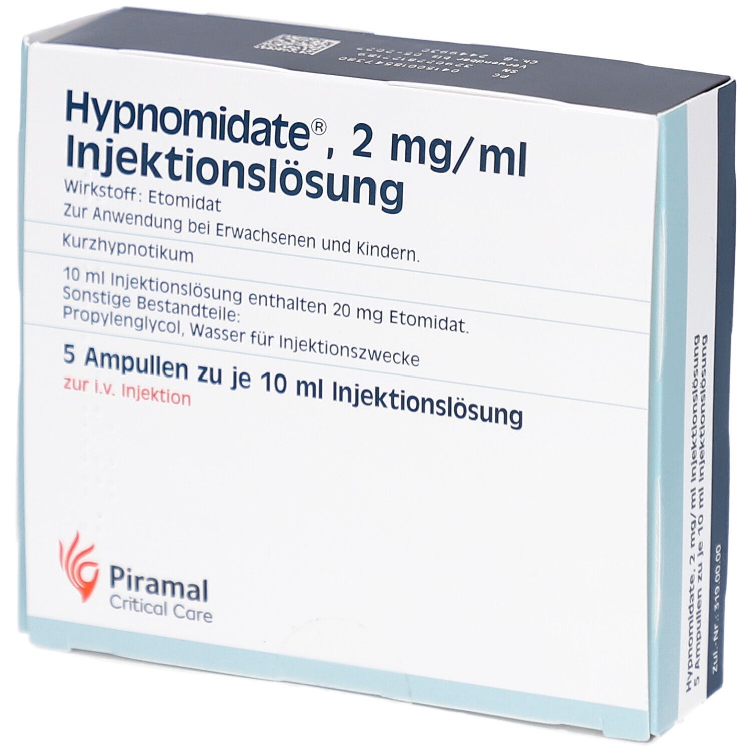 Schachtel mit Hypnomidate® 2 mg/ml Injektionslösung. Enthält 5 Ampullen. Aufschrift: Piramal Critical Care.